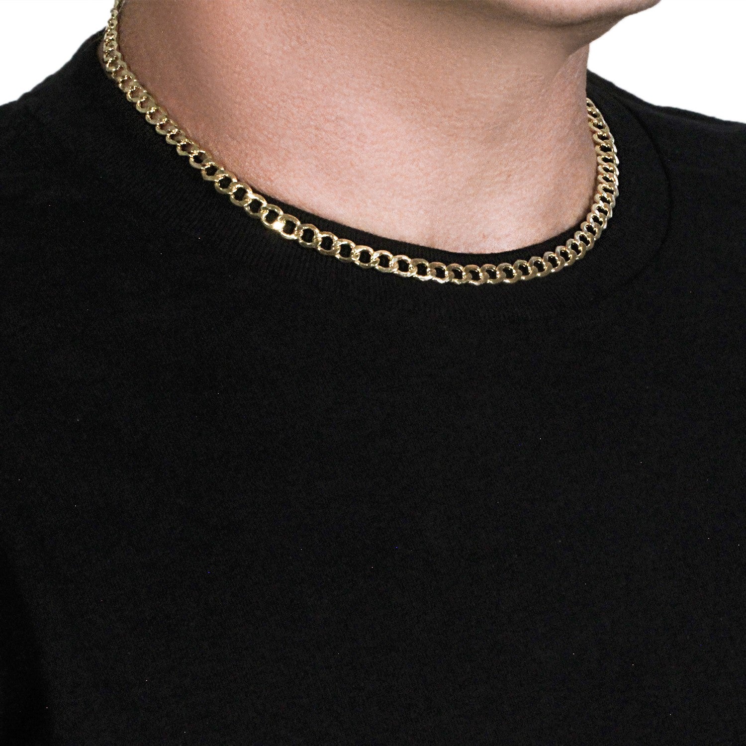 A 10k yellow gold curb chain, 6.20 mm wide, worn around a person's neck.