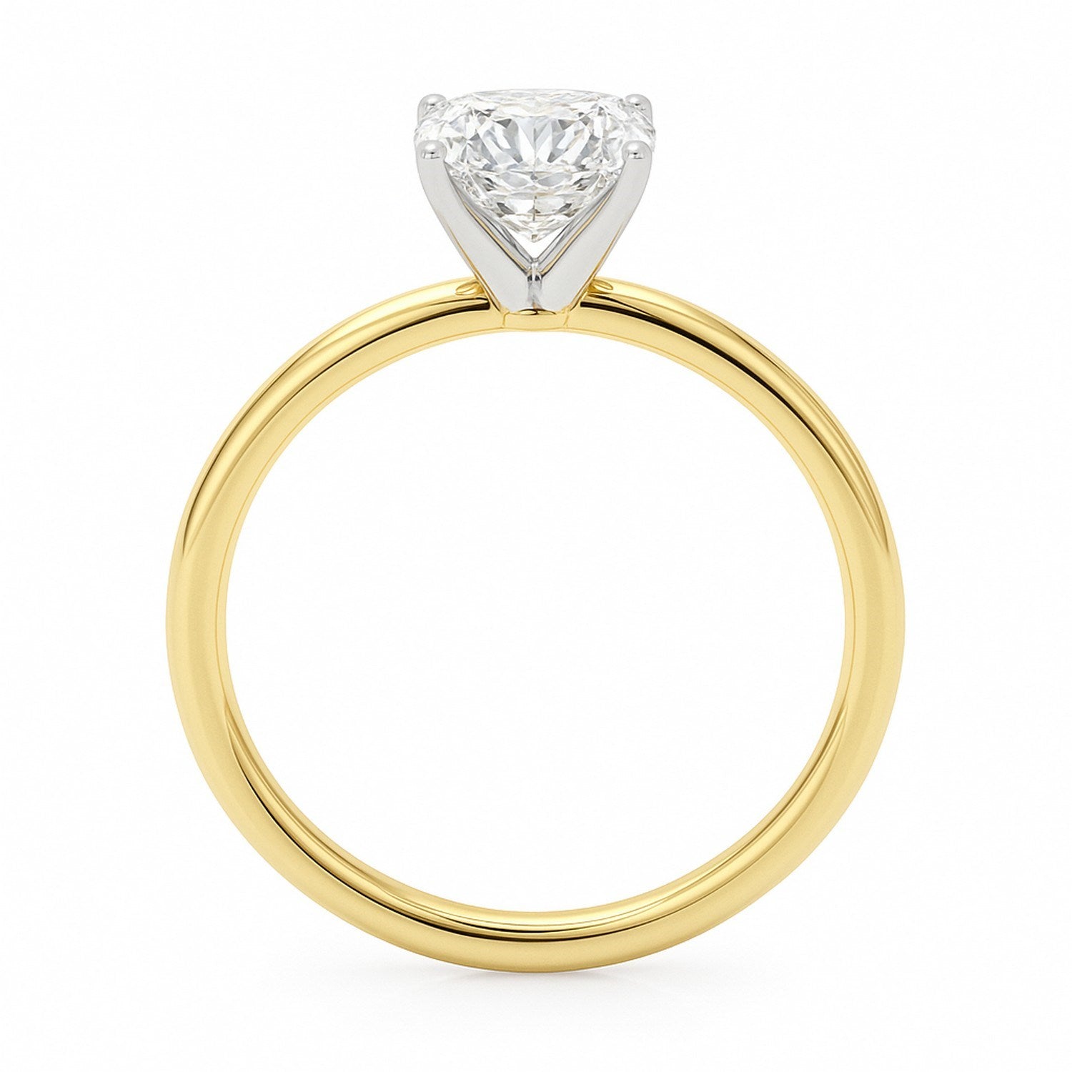 A 2 carat cushion lab grown diamond solitaire ring in 10K yellow gold.