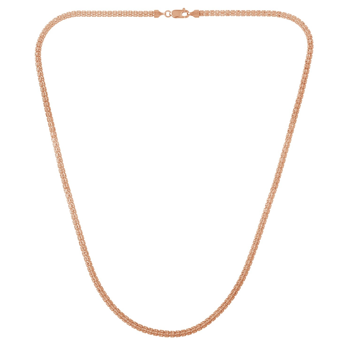 A 14k rose gold ice barrel chain with a lobster clasp.