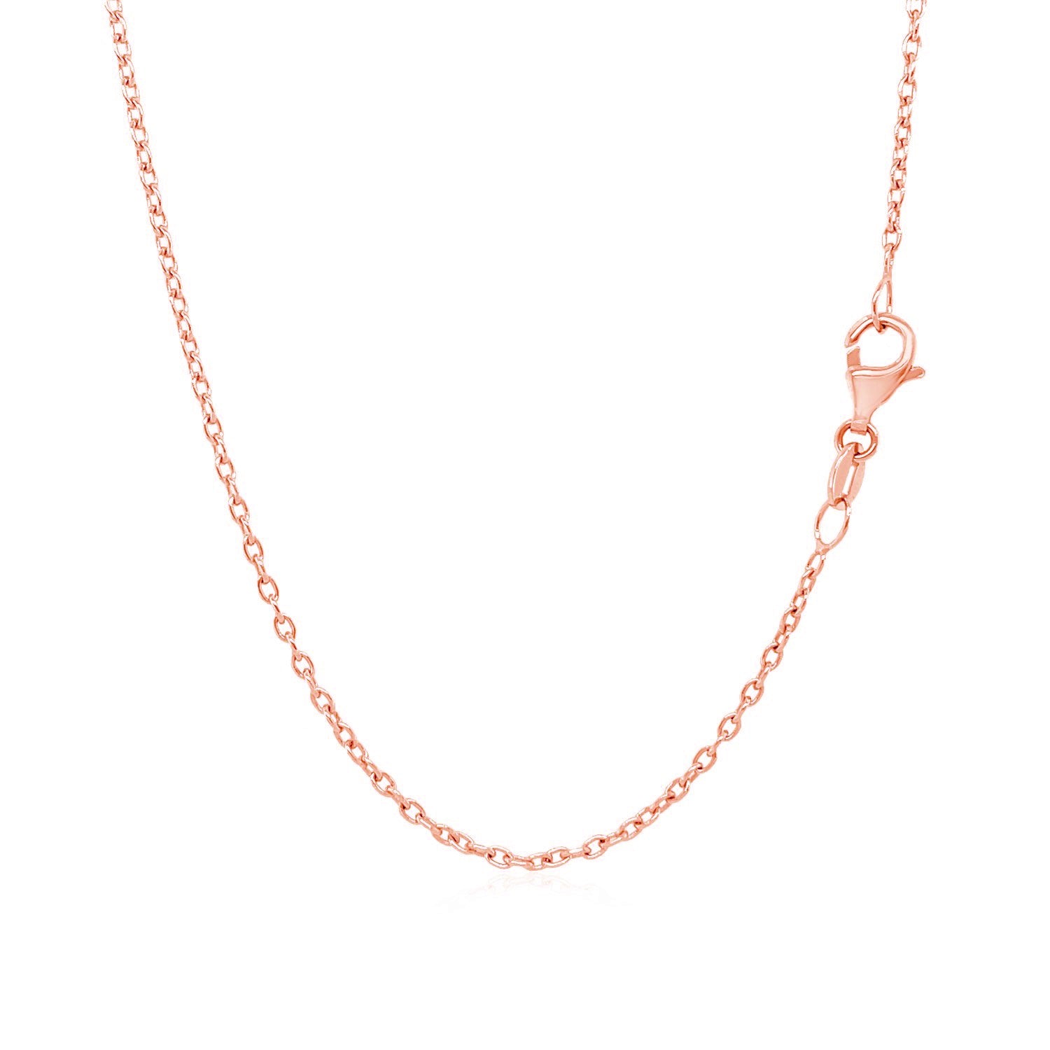 14k rose gold round cable link chain with a lobster clasp.