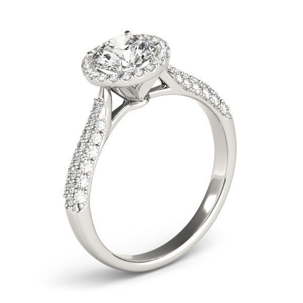 14k white gold halo diamond engagement ring with a pave band.