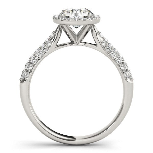 14k white gold halo diamond engagement ring with a pave band.