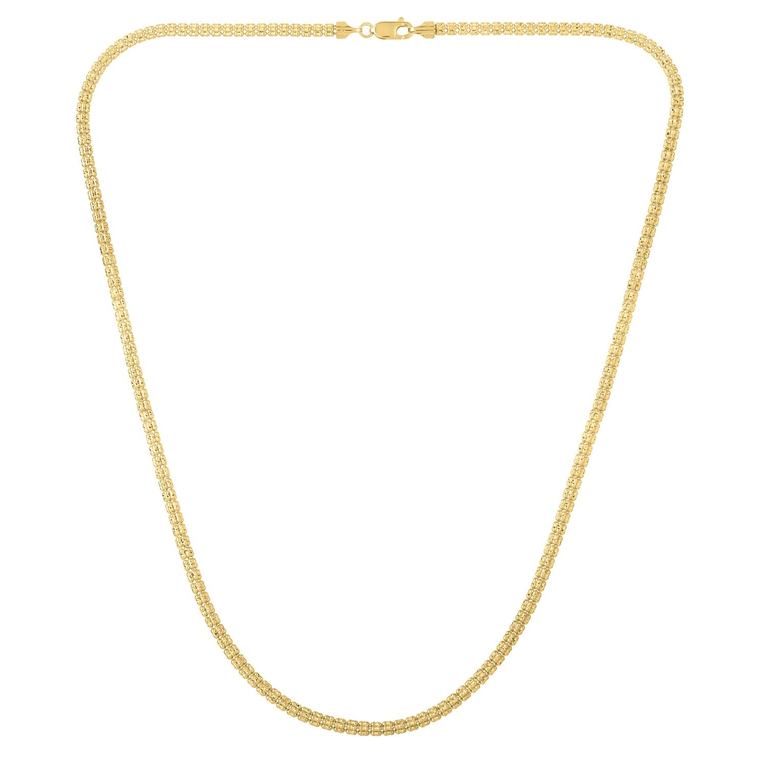 A 14k yellow gold ice barrel chain with a lobster clasp.