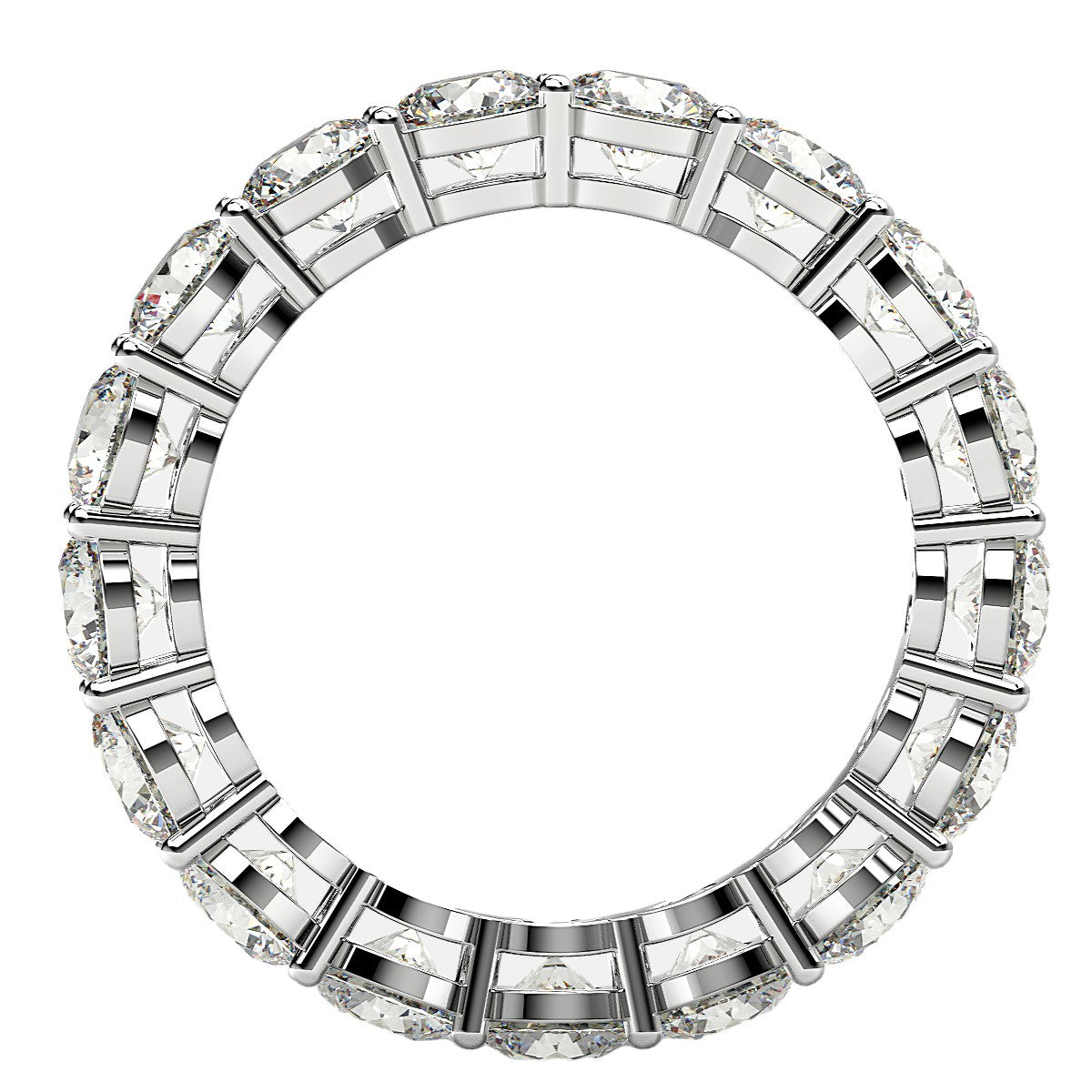 A white gold eternity ring with round cut lab grown diamonds in a common prong setting.