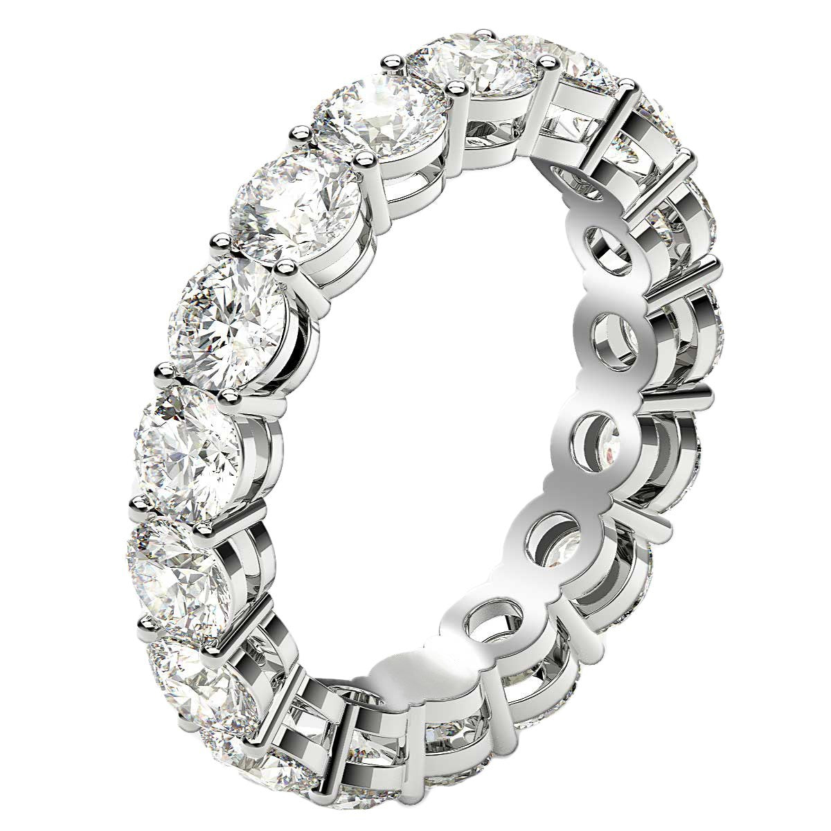 Round cut lab grown diamond eternity ring in 14k white gold.