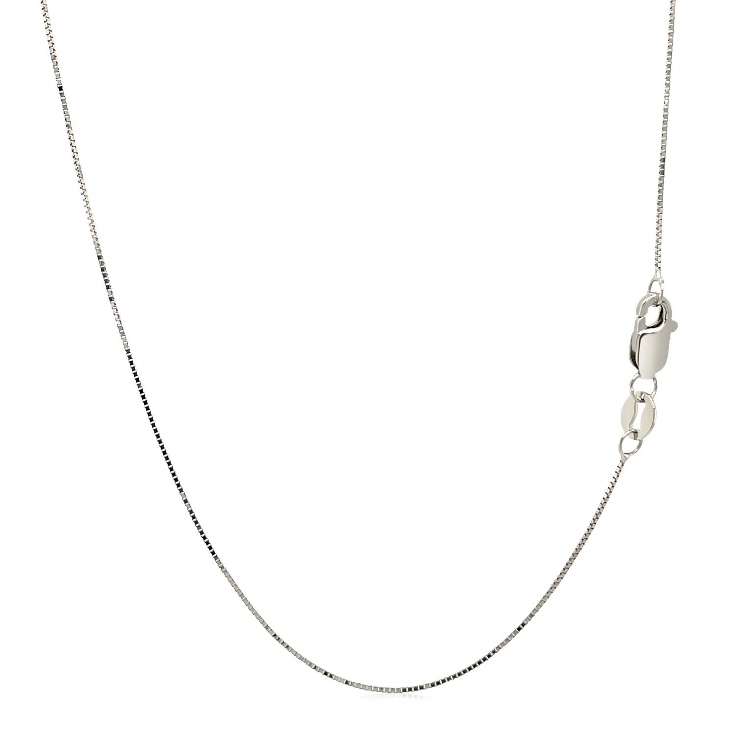 A thin 10k white gold box chain with a lobster clasp.