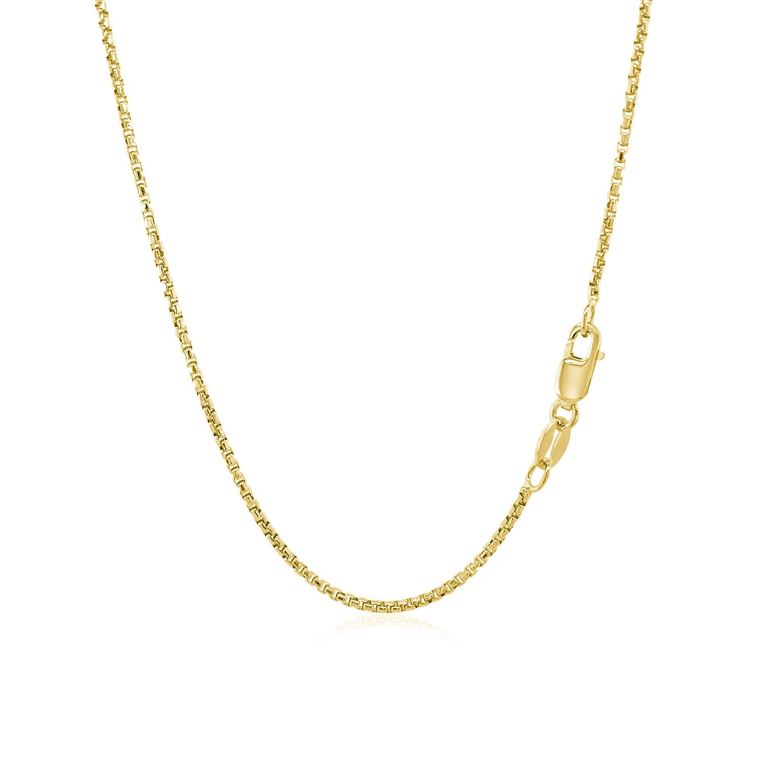 14k yellow gold round box chain with a lobster clasp.