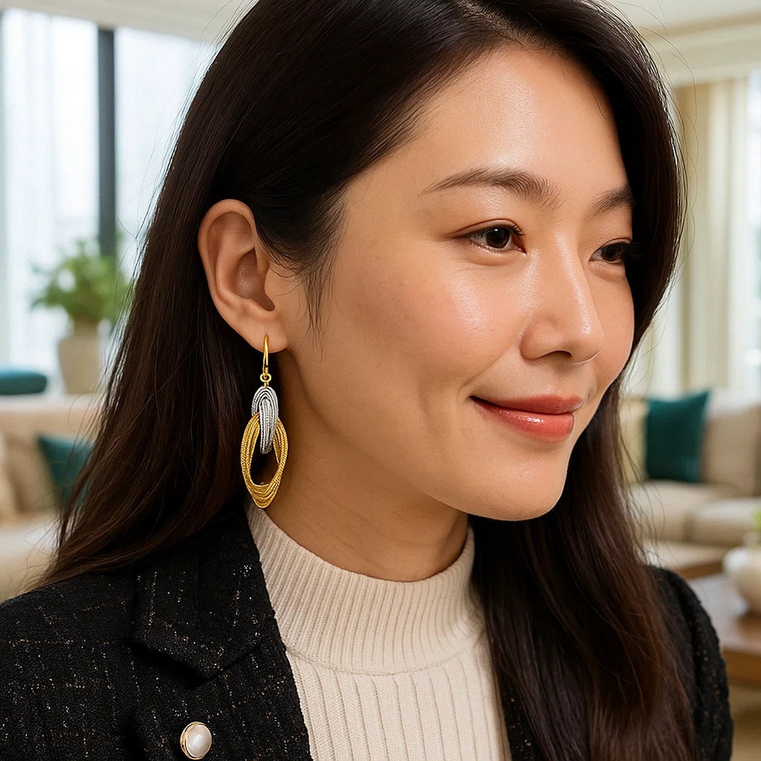 14k two-tone gold interlaced multiple row earrings with french wires.