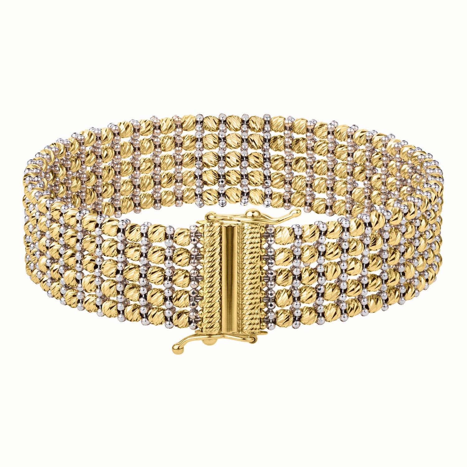 A two-tone 14K gold bracelet with multiple rows of textured and smooth beads.