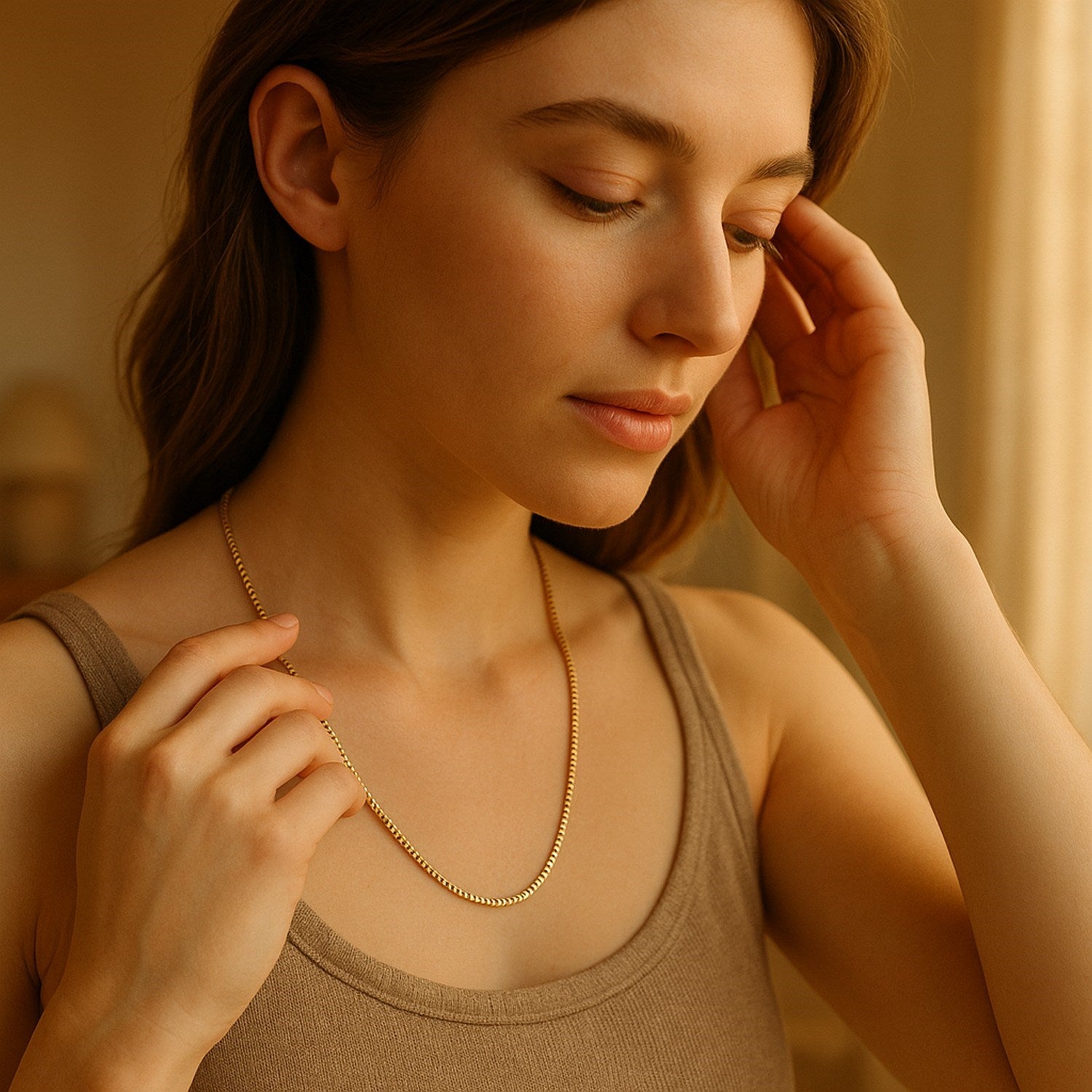 14k yellow gold semi-solid box chain (2.10 mm) on a woman's neck.