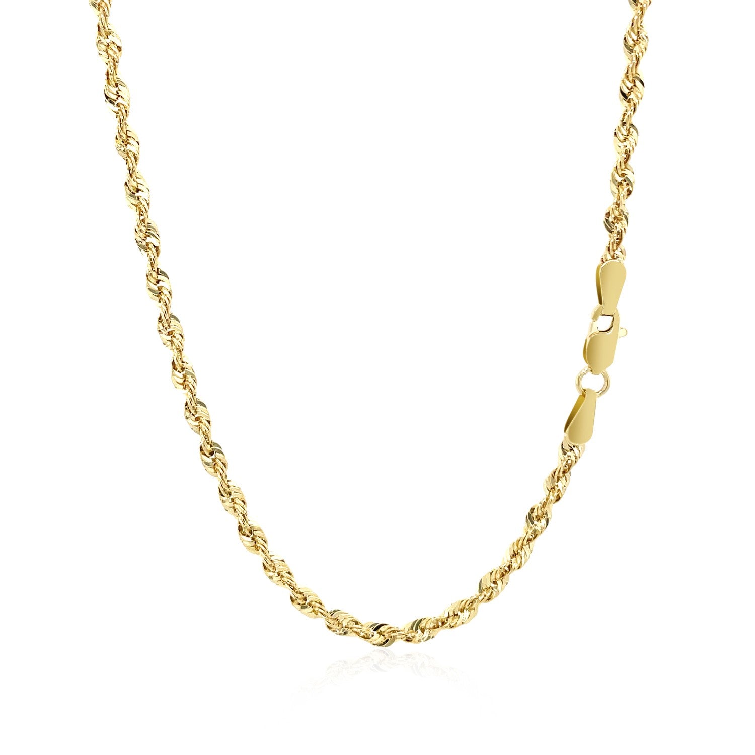 A 14k yellow gold light rope chain with a lobster clasp.