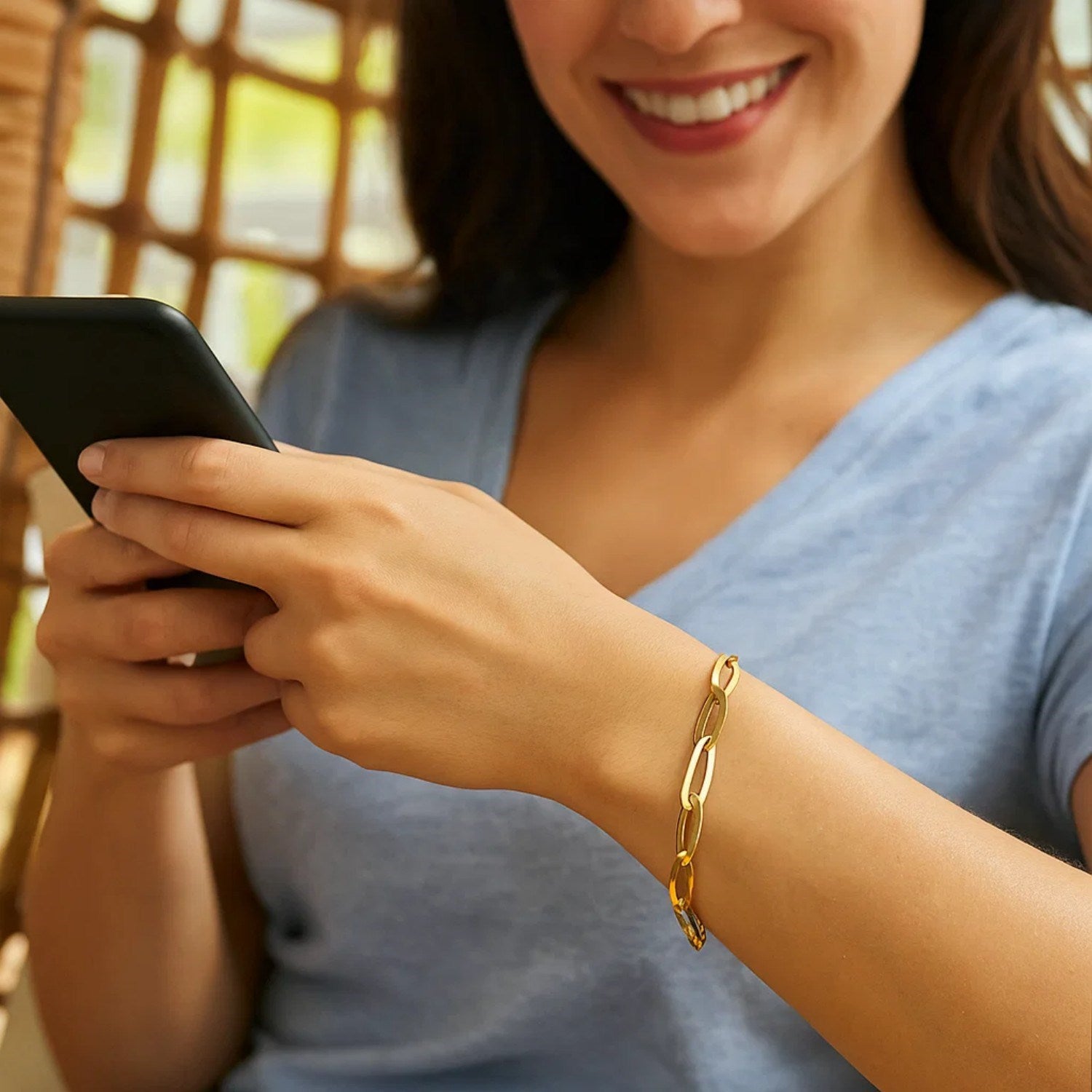 A woman wears a 14k yellow gold Italian oval links bracelet while holding a phone.