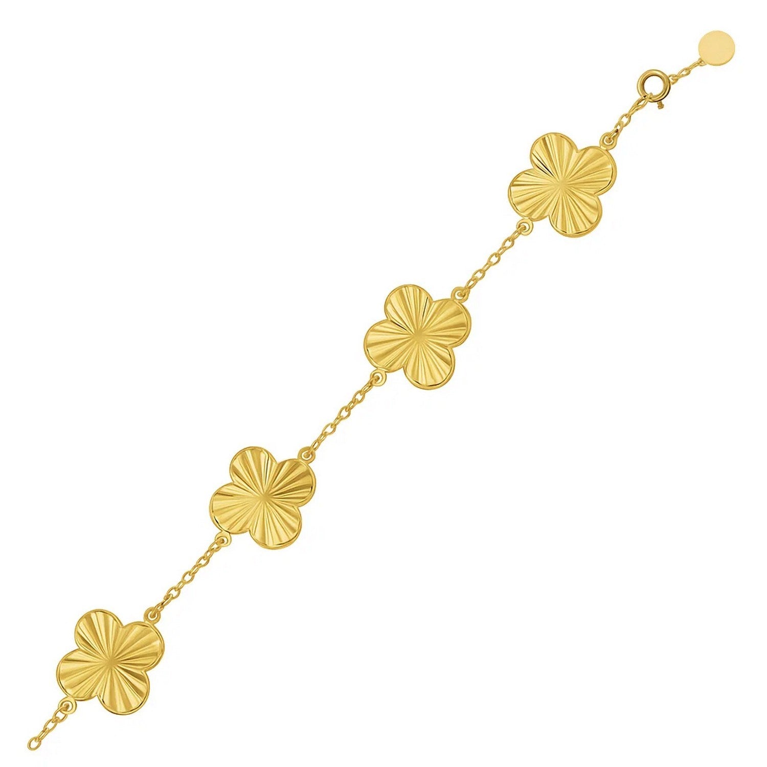14K yellow gold bracelet with four textured clover-shaped links and a spring ring clasp.