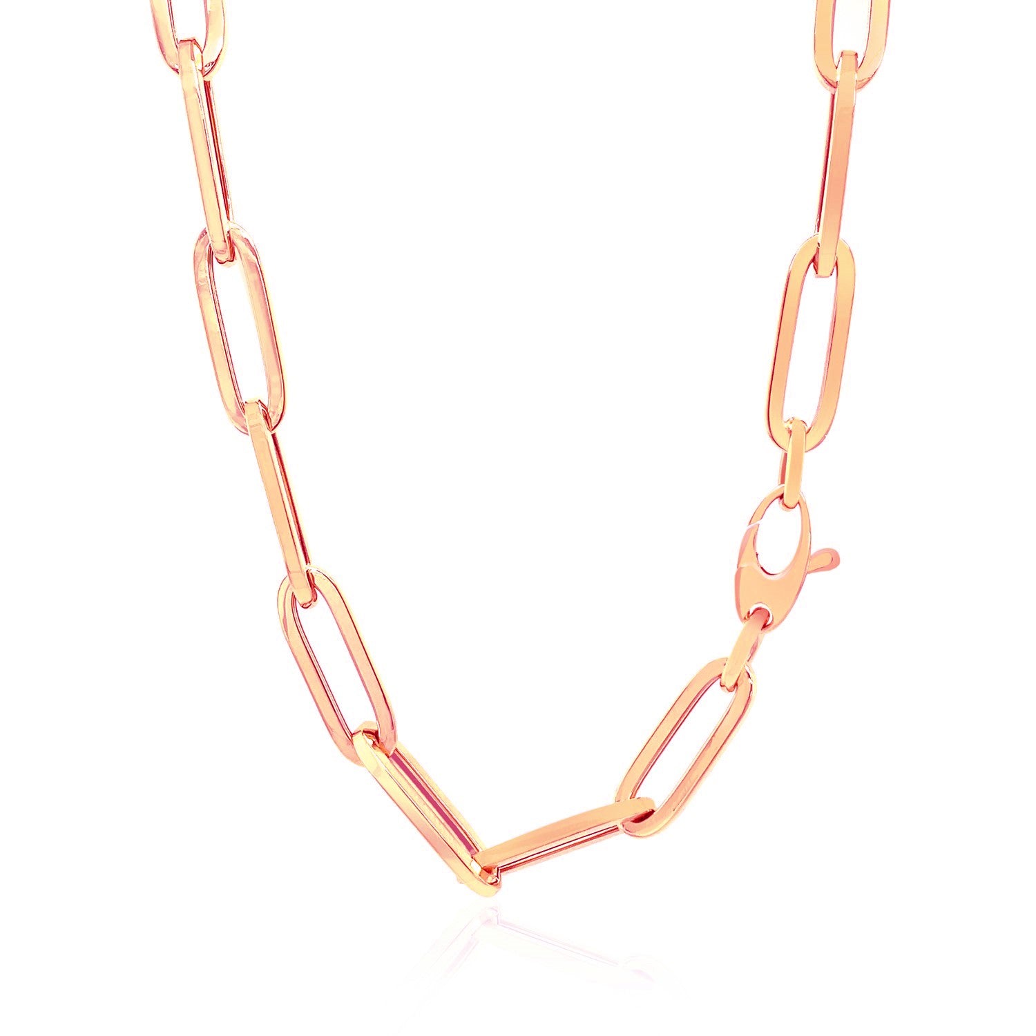 14K rose gold wide paperclip chain with 6.10 mm links and a lobster clasp.