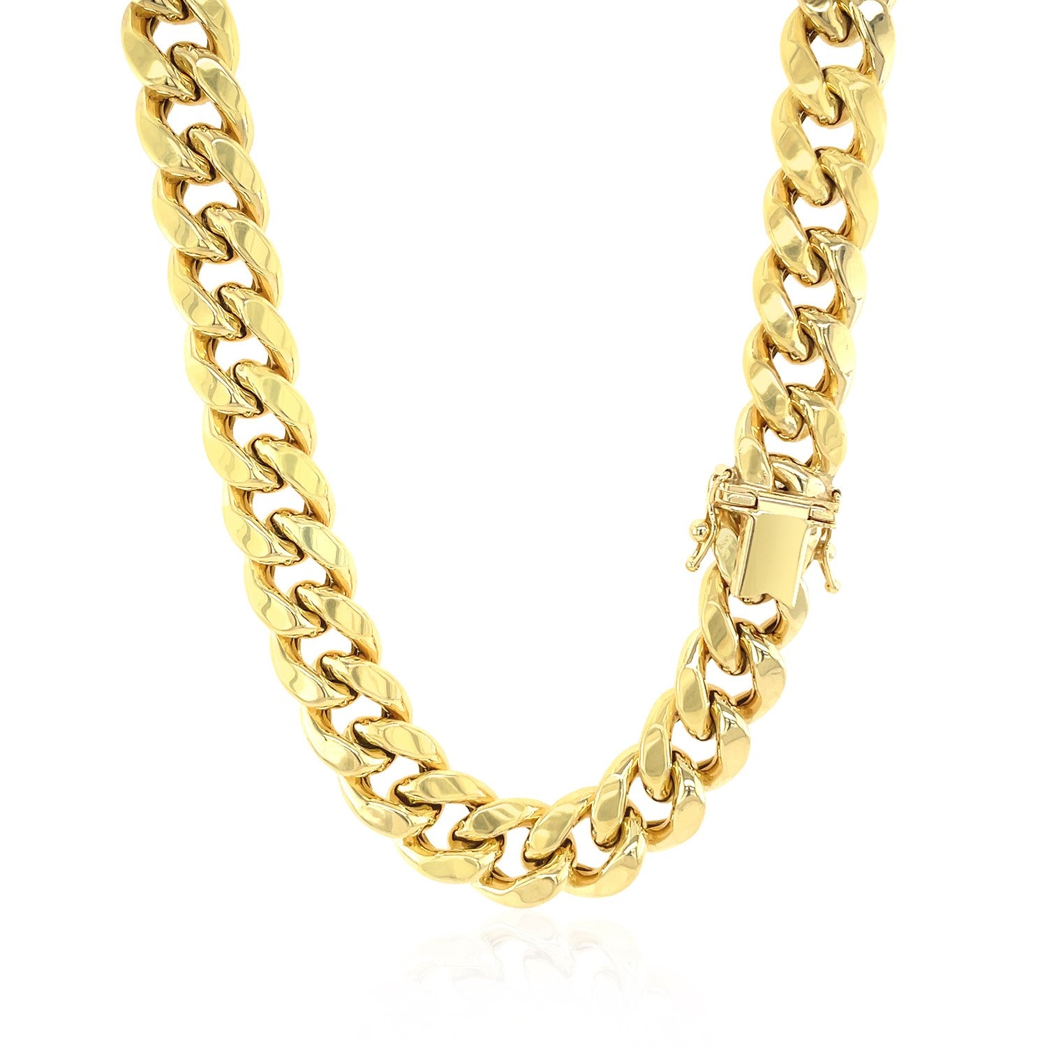 A 14k yellow gold semi-solid Miami Cuban chain with a box clasp.