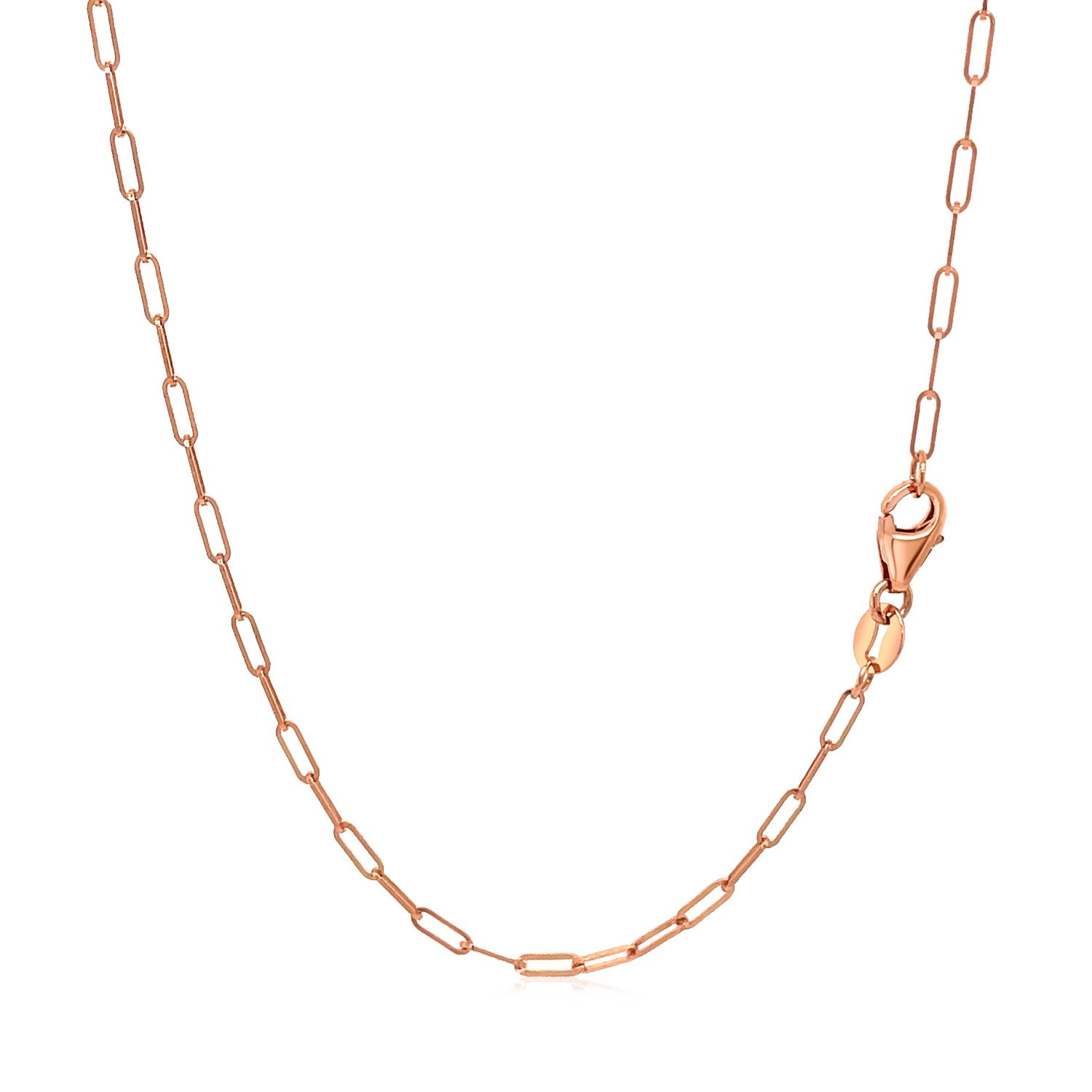 A 14K rose gold paperclip chain with a lobster clasp.