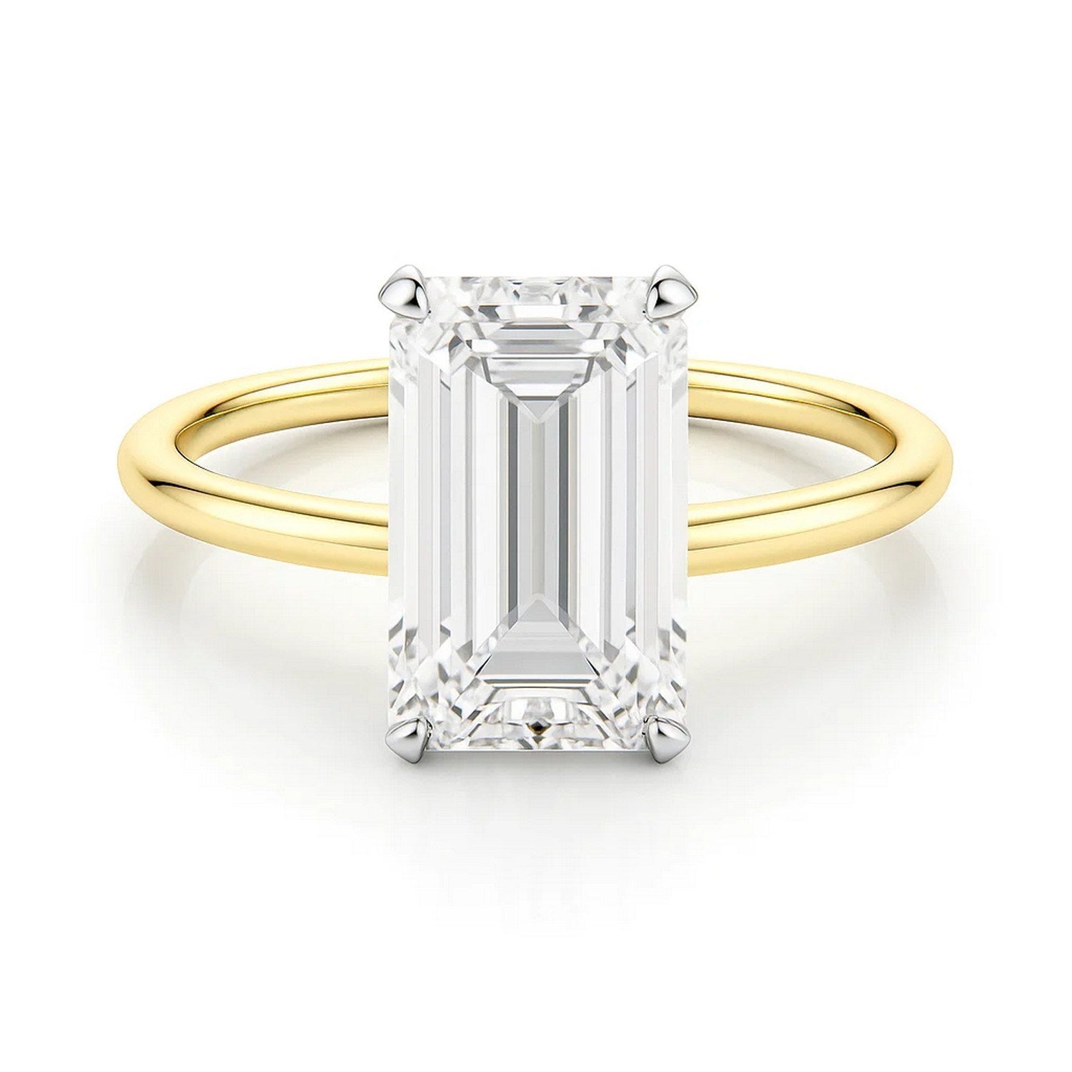 A 3 carat emerald lab grown diamond solitaire ring in 10K yellow gold.
