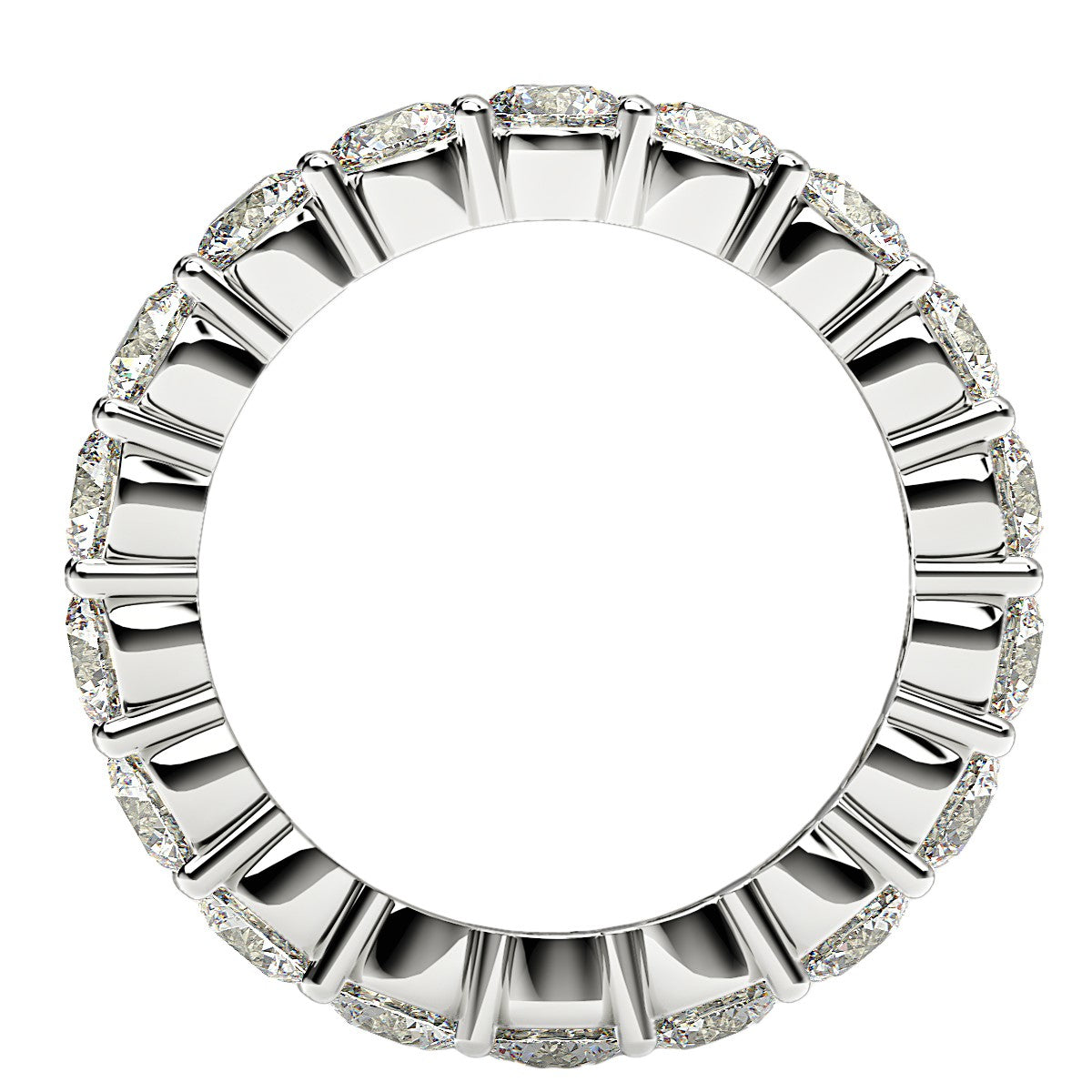 Round cut lab grown diamond eternity ring in 14k white gold.