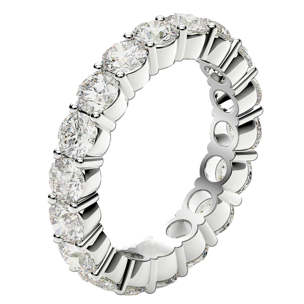 Round cut lab grown diamond eternity ring in 14k white gold.