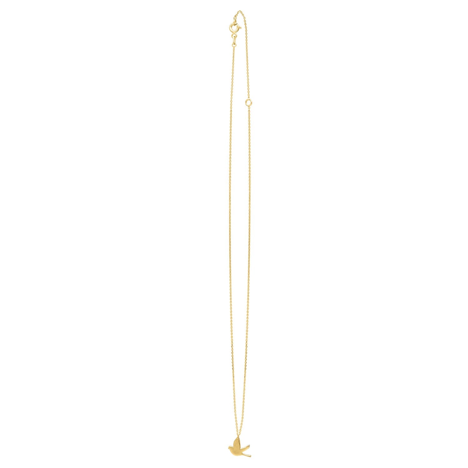 A 14K yellow gold dove necklace with a spring ring clasp.