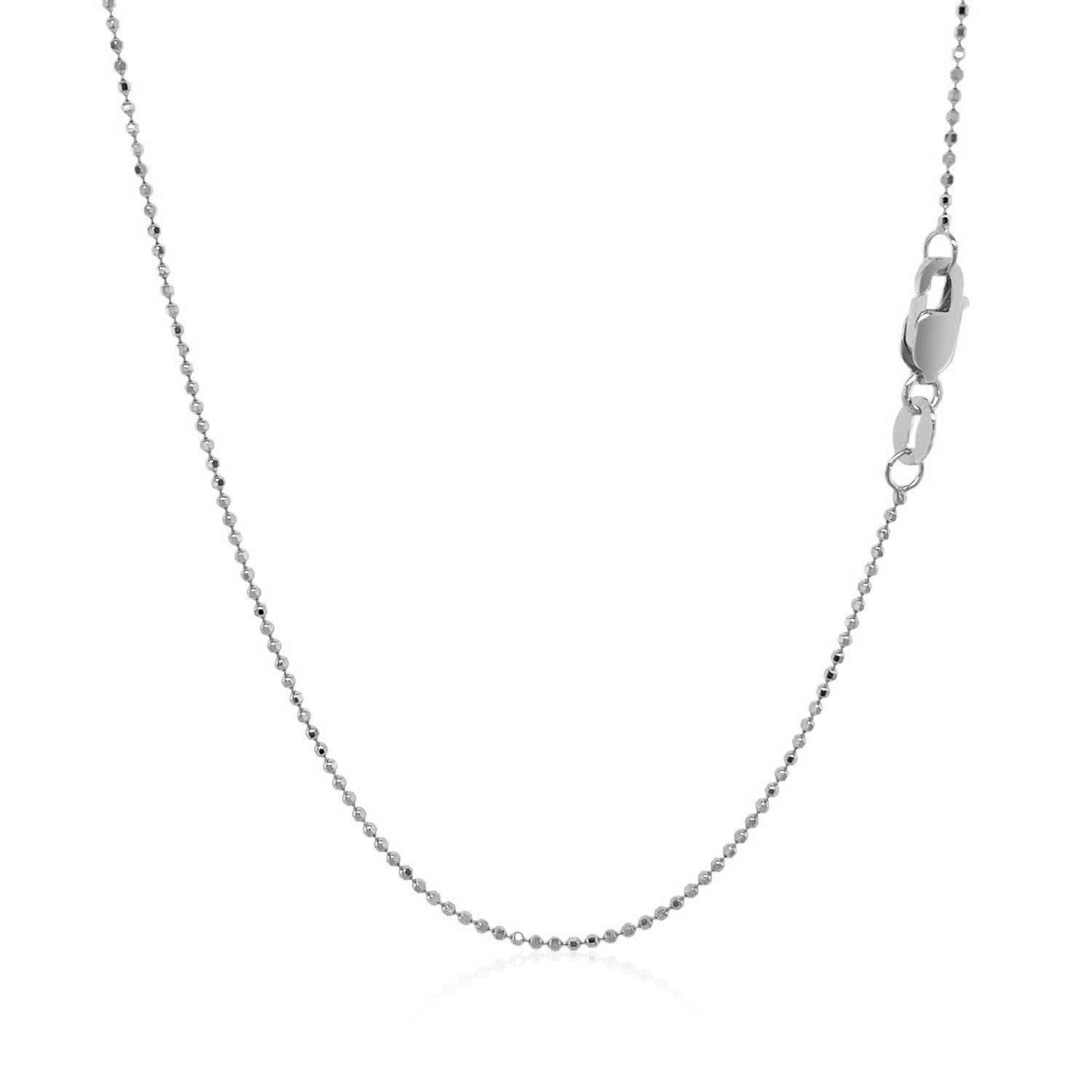 A 14k white gold diamond-cut bead chain with a lobster clasp.