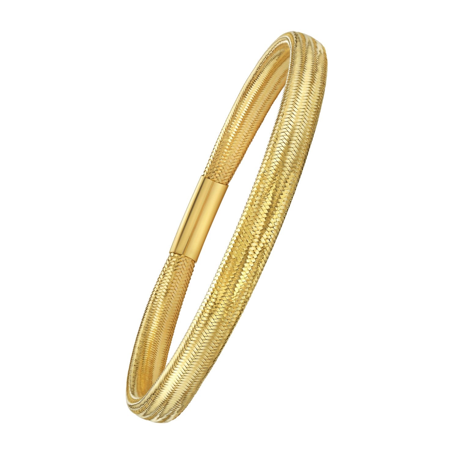 14K yellow gold medium stretch mesh bracelet with a woven texture.