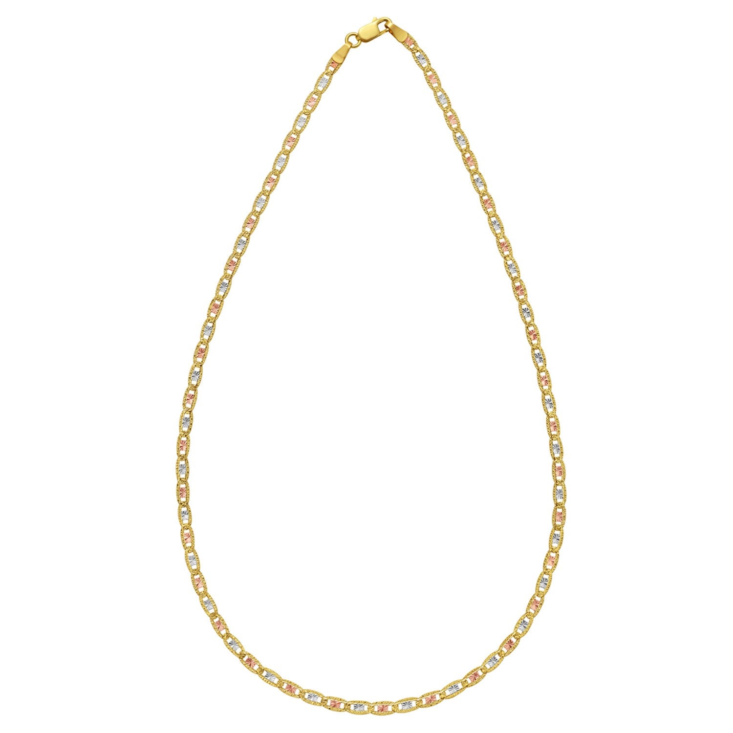 14K tri-color gold pave Valentino chain with a lobster clasp.