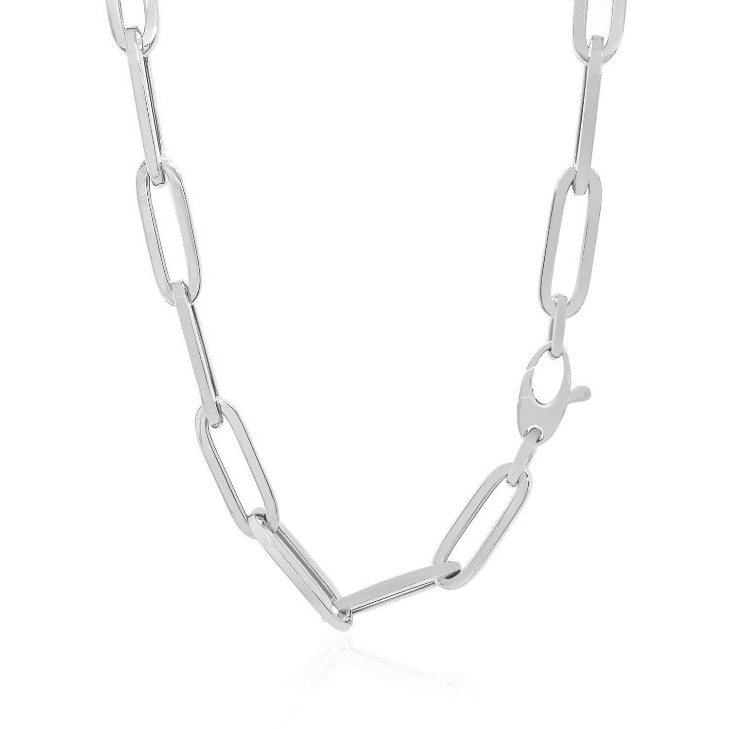 14K white gold wide paperclip chain with a lobster clasp.