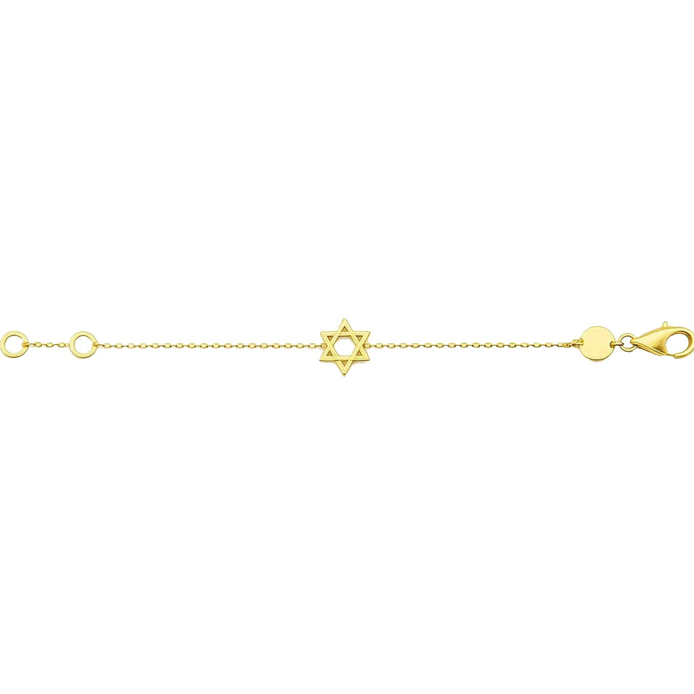 14k yellow gold Star of David bracelet with a rolo chain and lobster clasp.