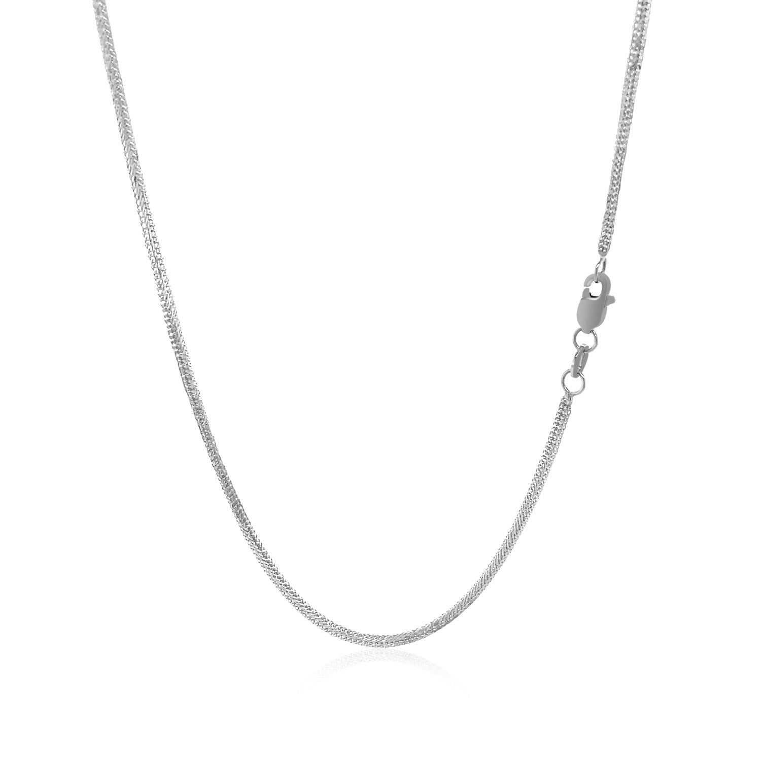A 14k white gold foxtail chain with a lobster clasp.
