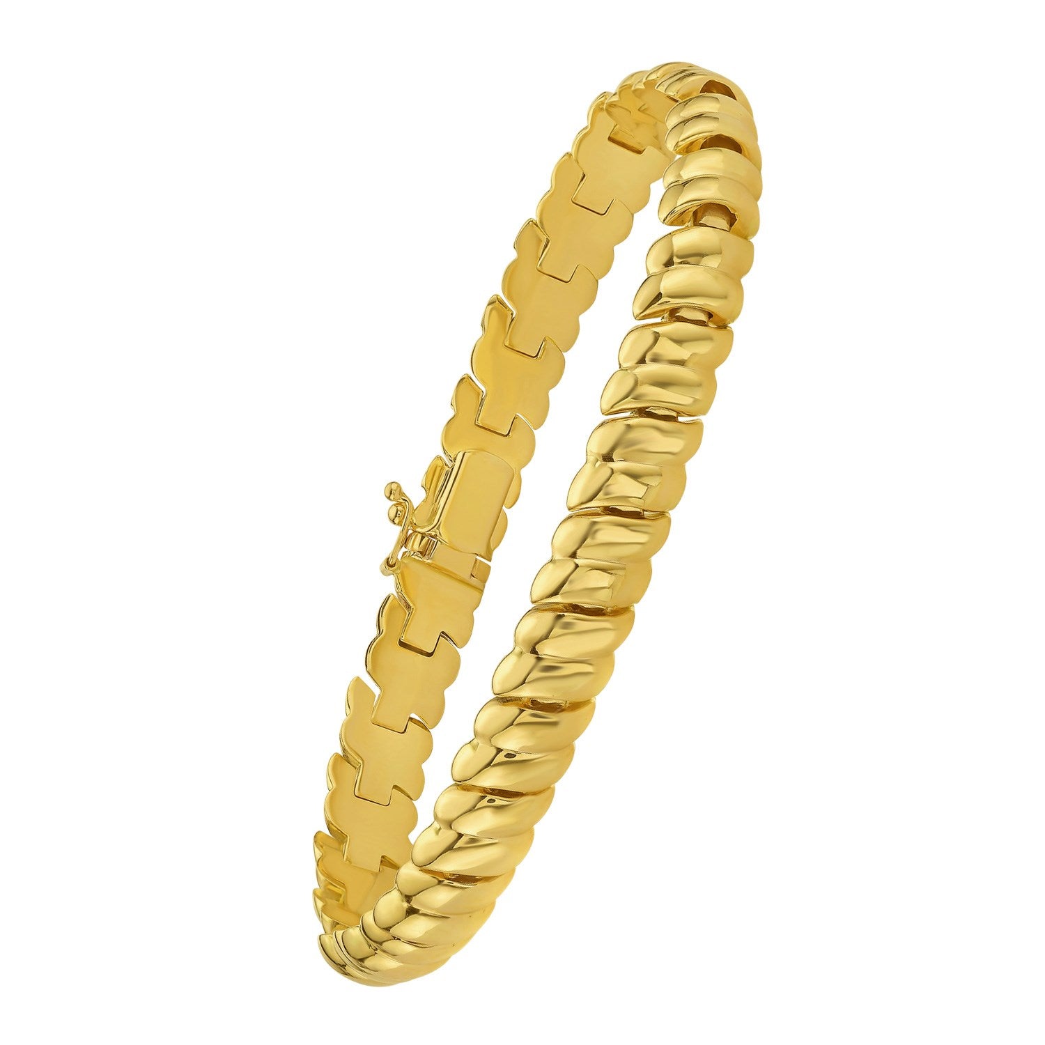 14K yellow gold scalloped bangle with a box clasp.
