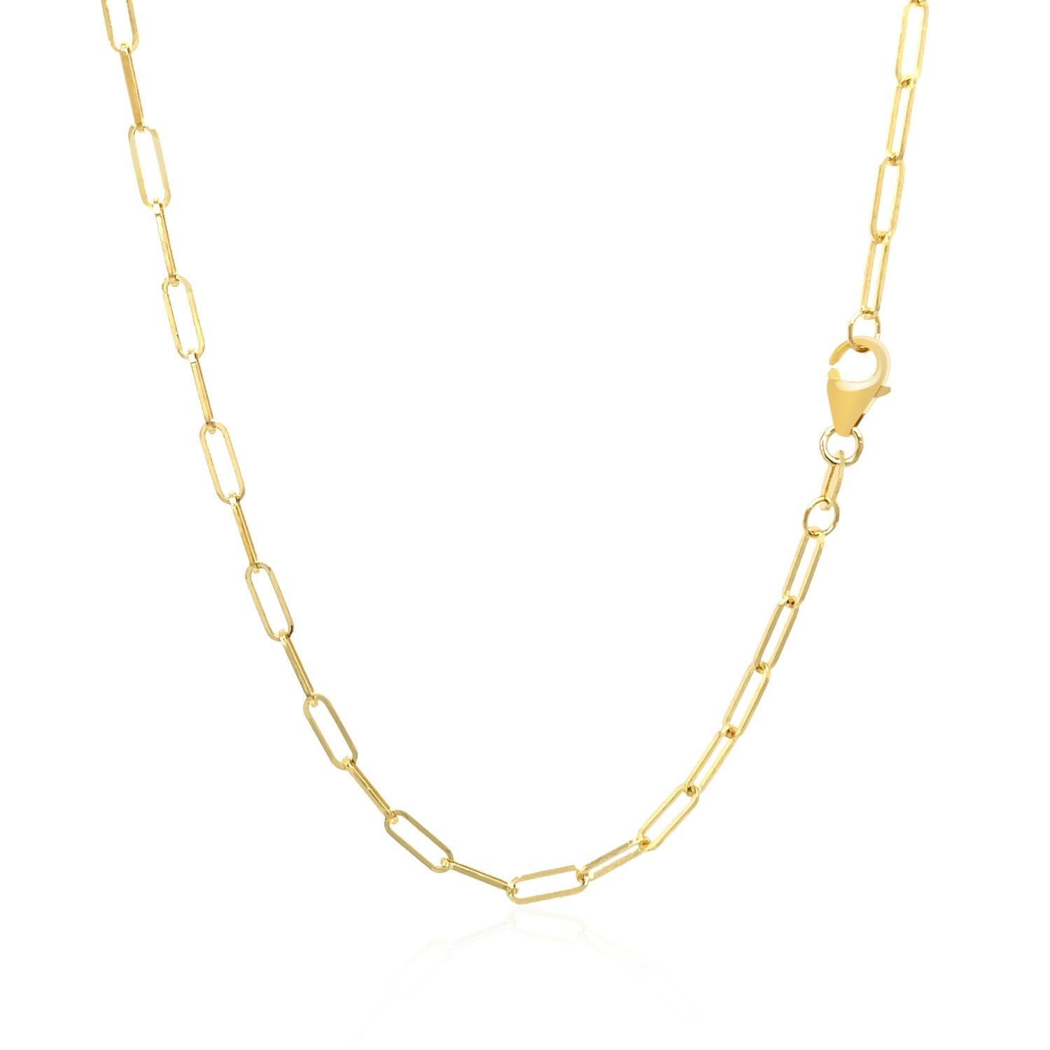 A delicate 14K yellow gold paperclip chain with a lobster clasp.