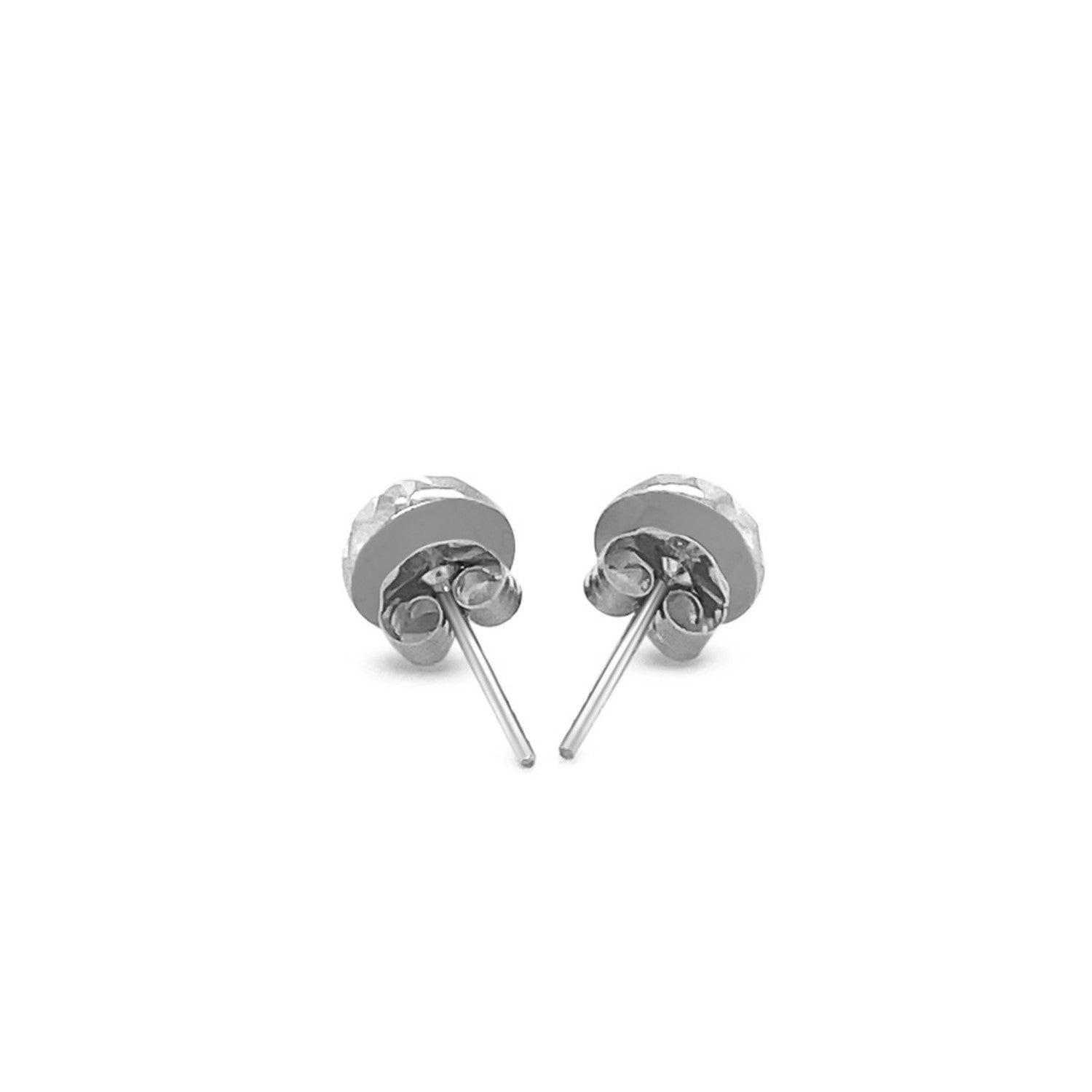 A pair of 14k white gold textured flat style stud earrings with push backs.
