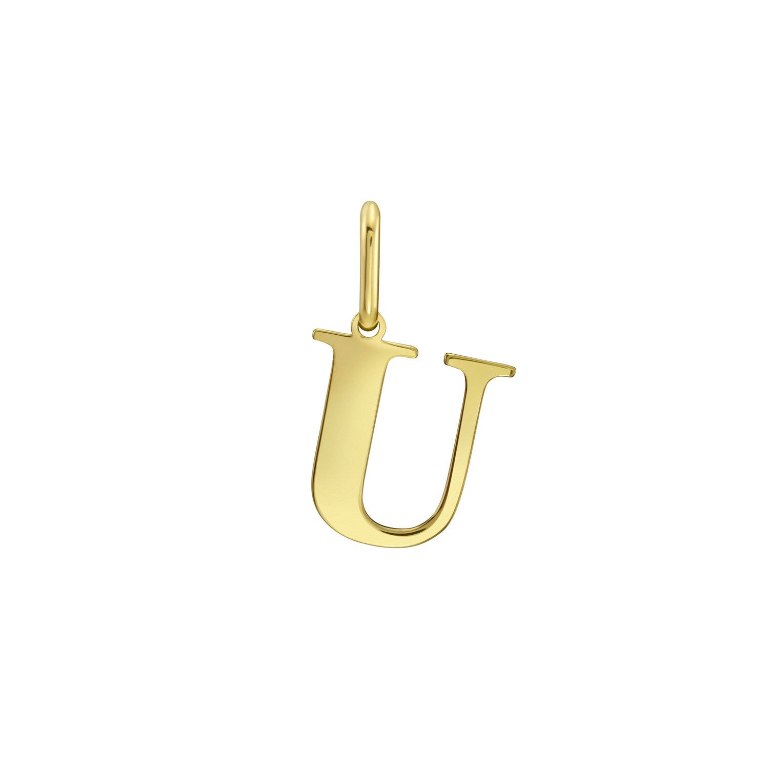 A polished 14K yellow gold initial U charm pendant.