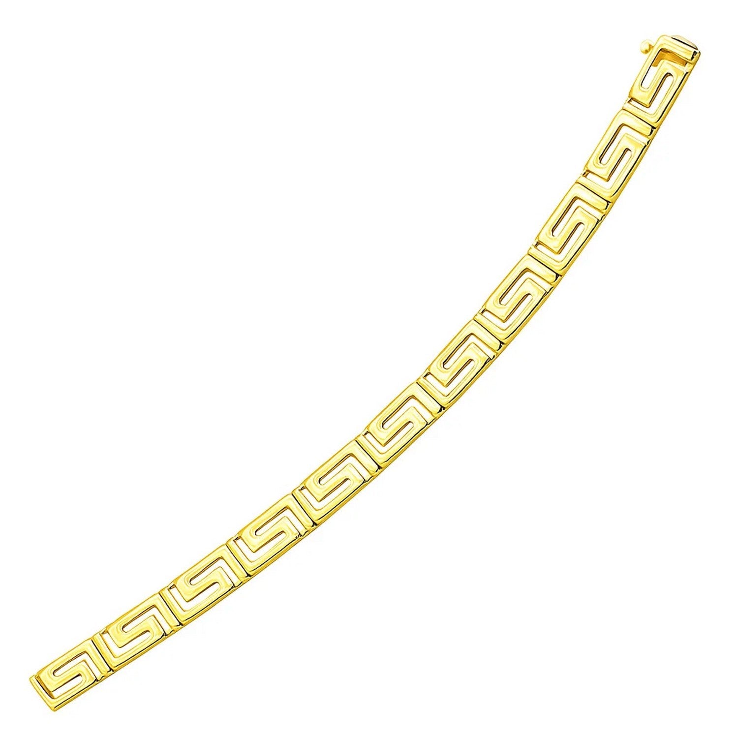 14k yellow gold Greek key motif bracelet with a box clasp.