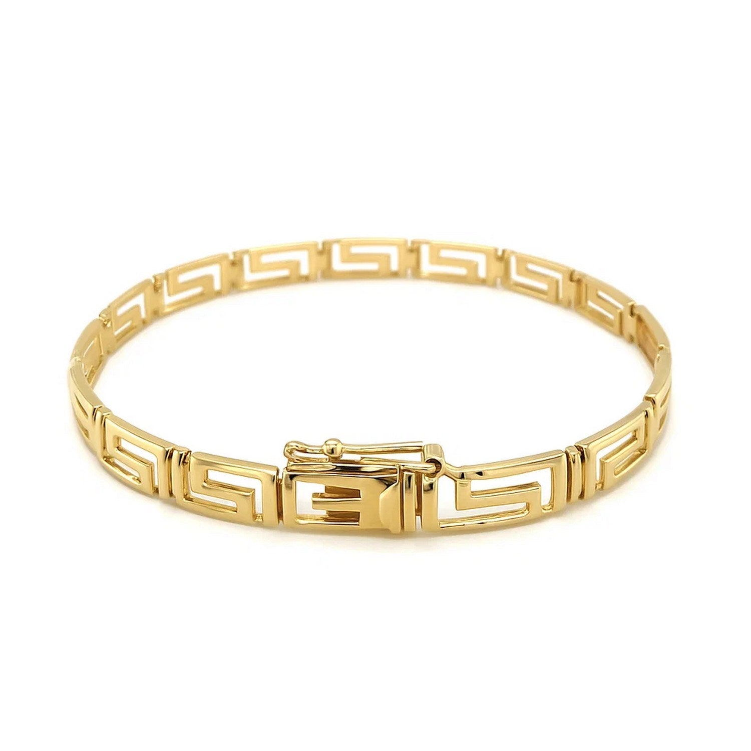 14k yellow gold bracelet with a Greek key motif and a box clasp.