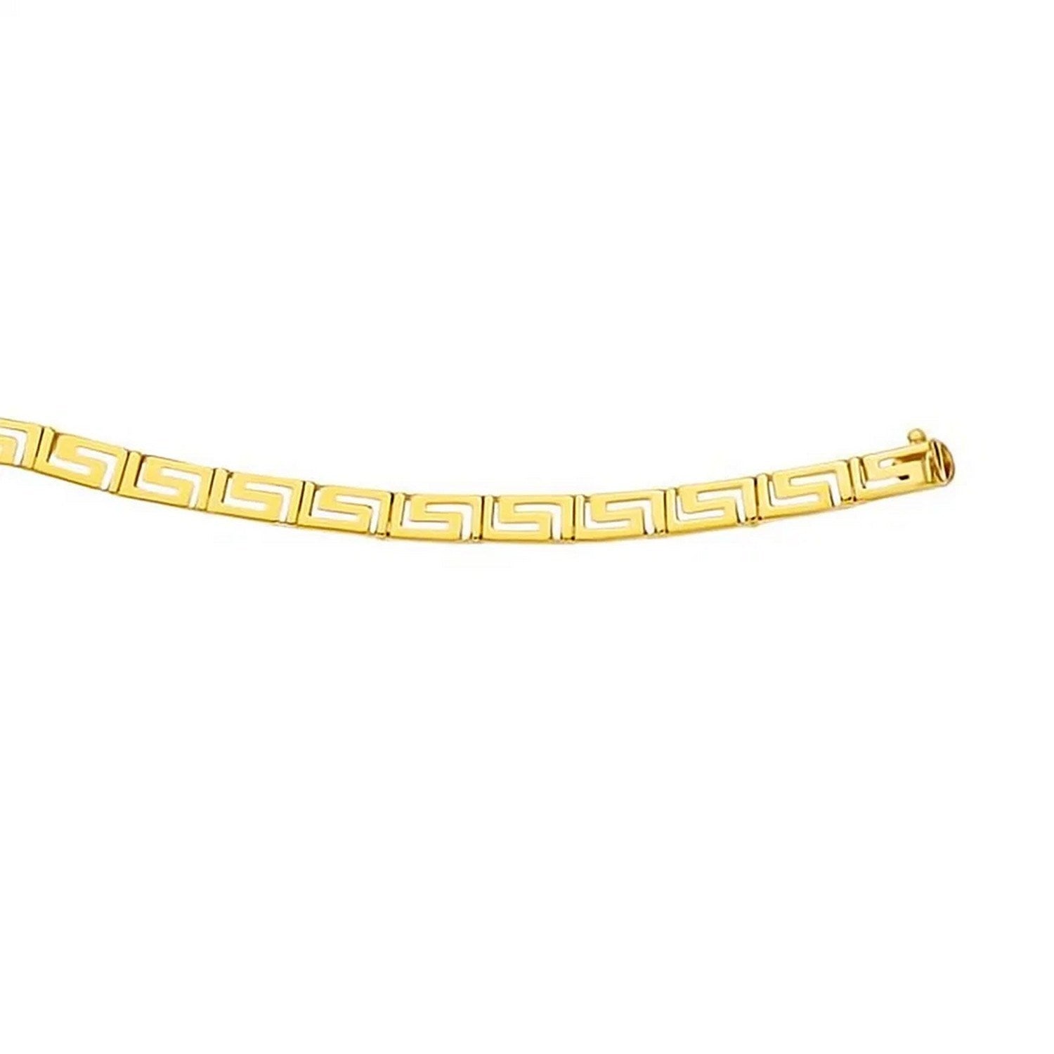 14k yellow gold bracelet with a Greek key motif and a box clasp.