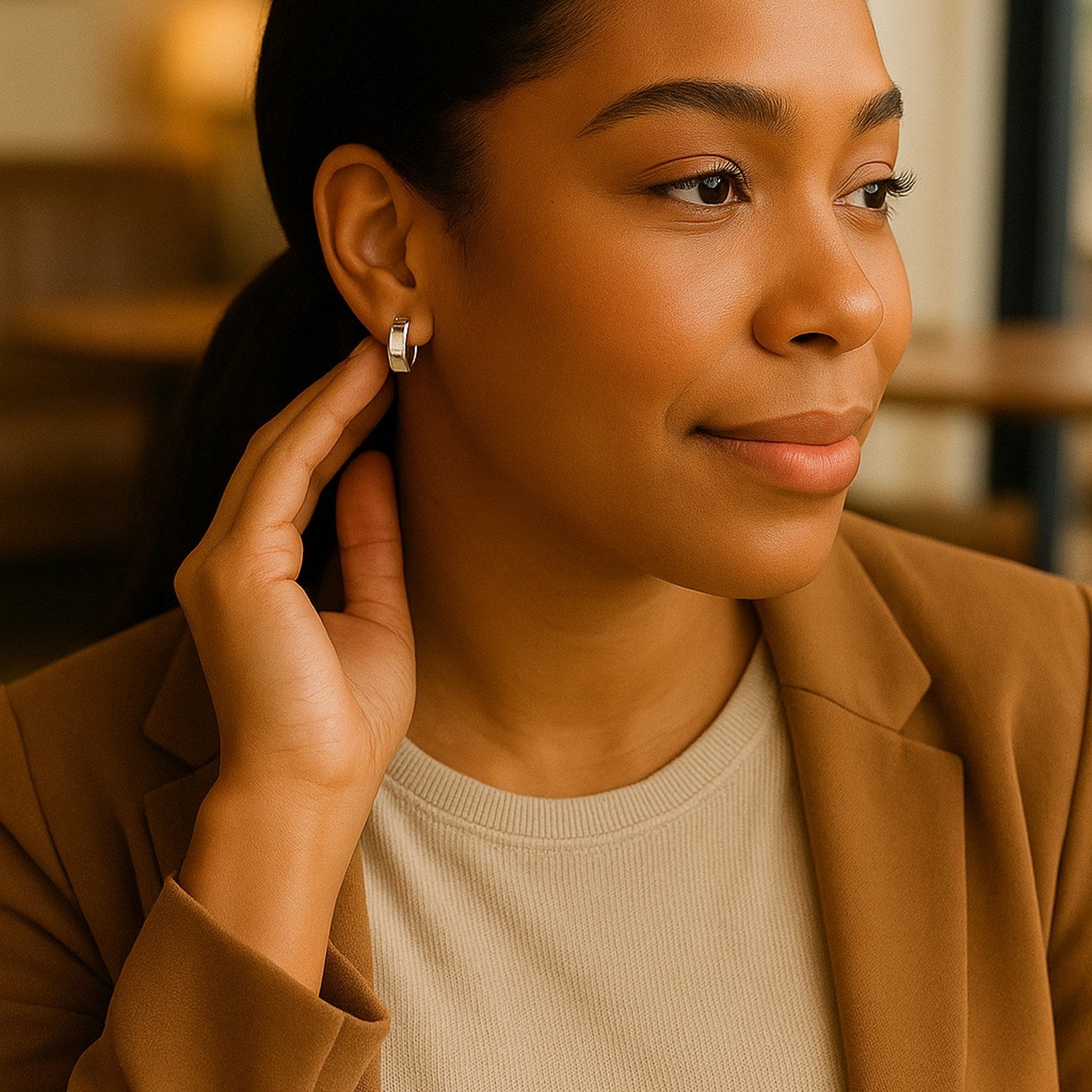14k white gold snuggable hoop earrings on a woman's ear.