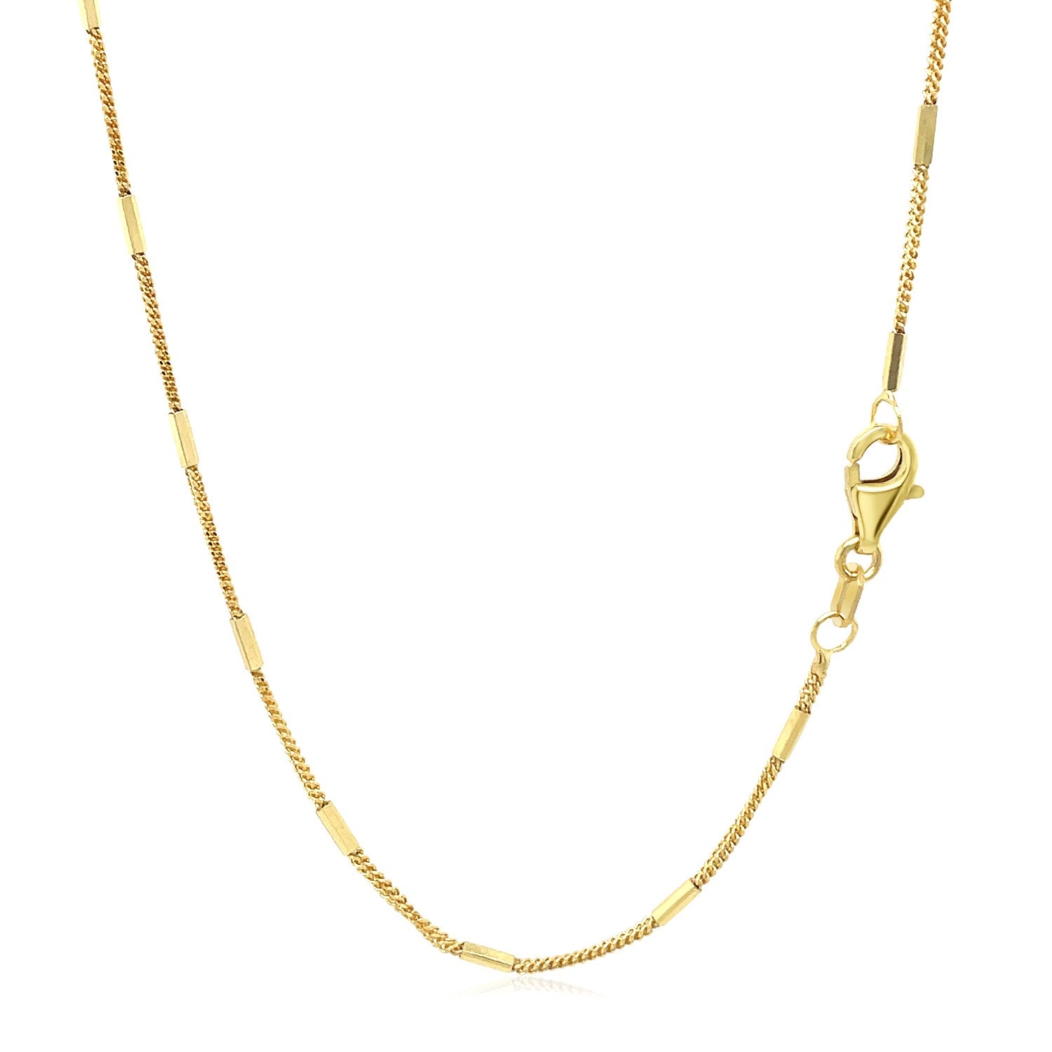 A yellow gold chain with diamond-cut bar links and a lobster clasp.