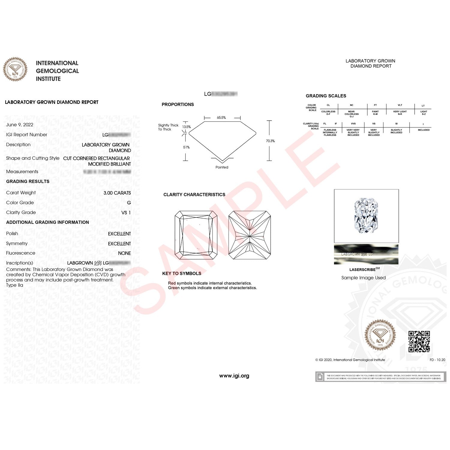 IGI Laboratory Grown Diamond Report for a 3 carat radiant-cut diamond.