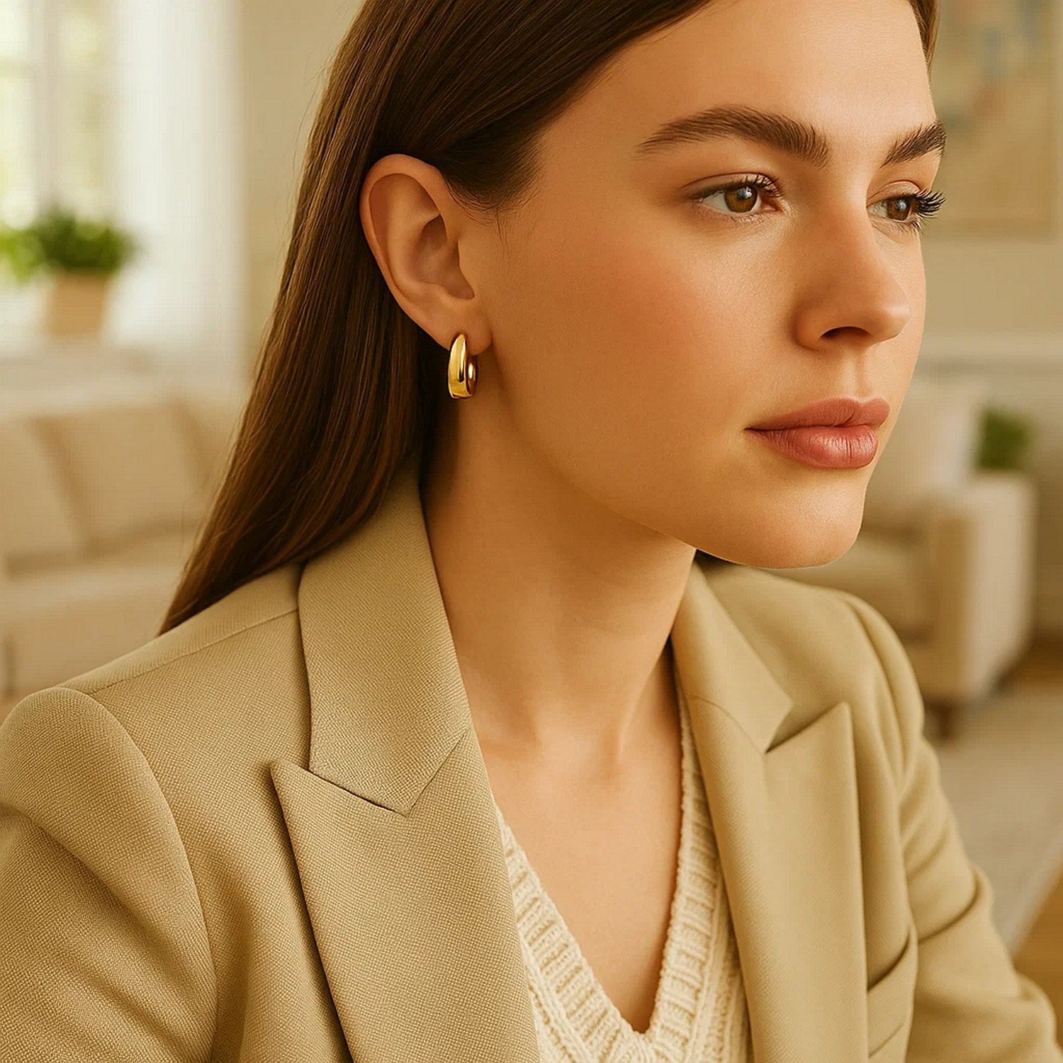 Tapered huggie hoop earrings in 14K yellow gold on a woman's ear.