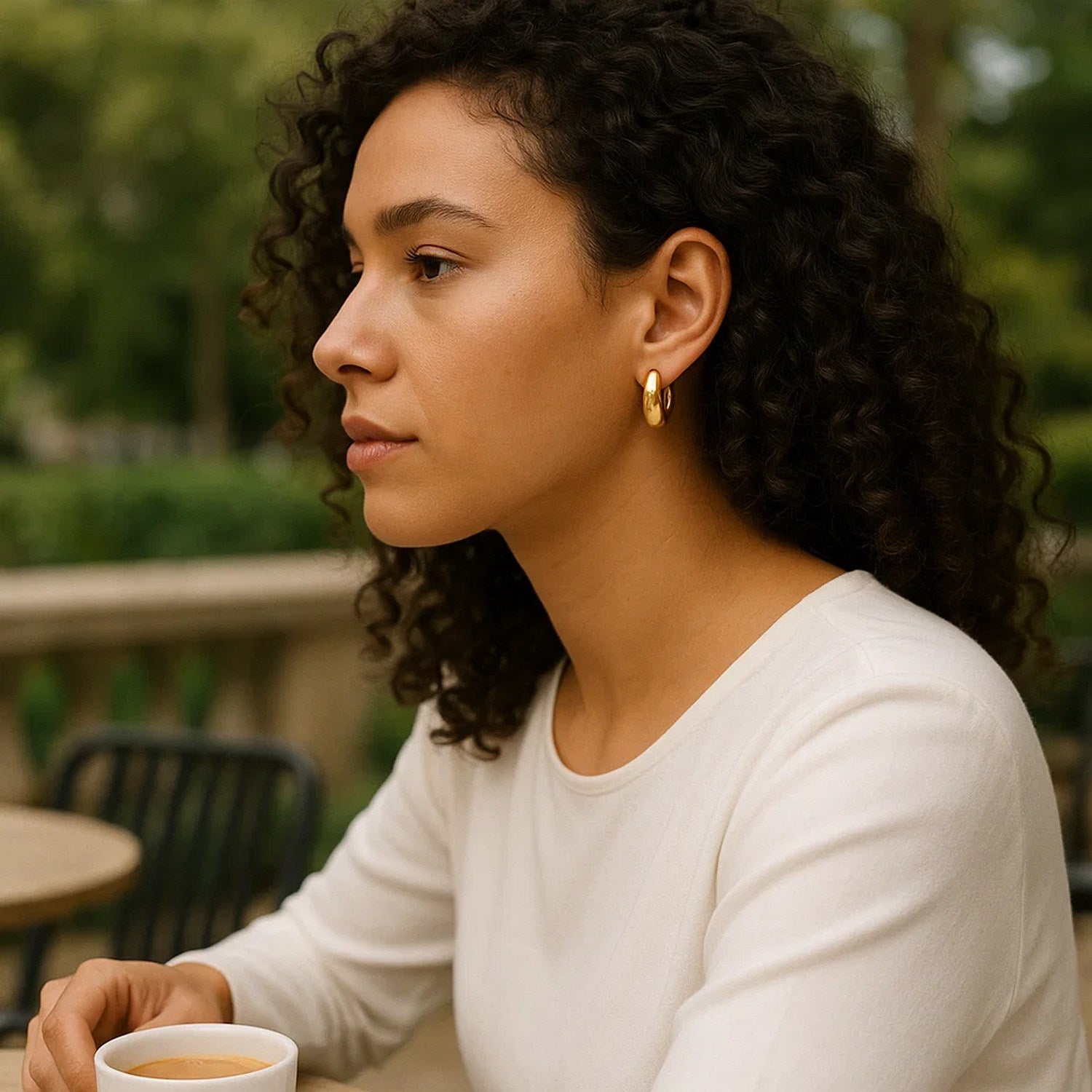 Tapered huggie hoop earrings in 14K yellow gold on a woman's ear.