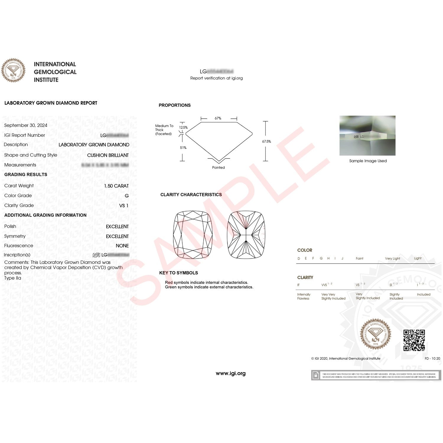 An IGI certificate for a 1.50 carat cushion brilliant lab-grown diamond.