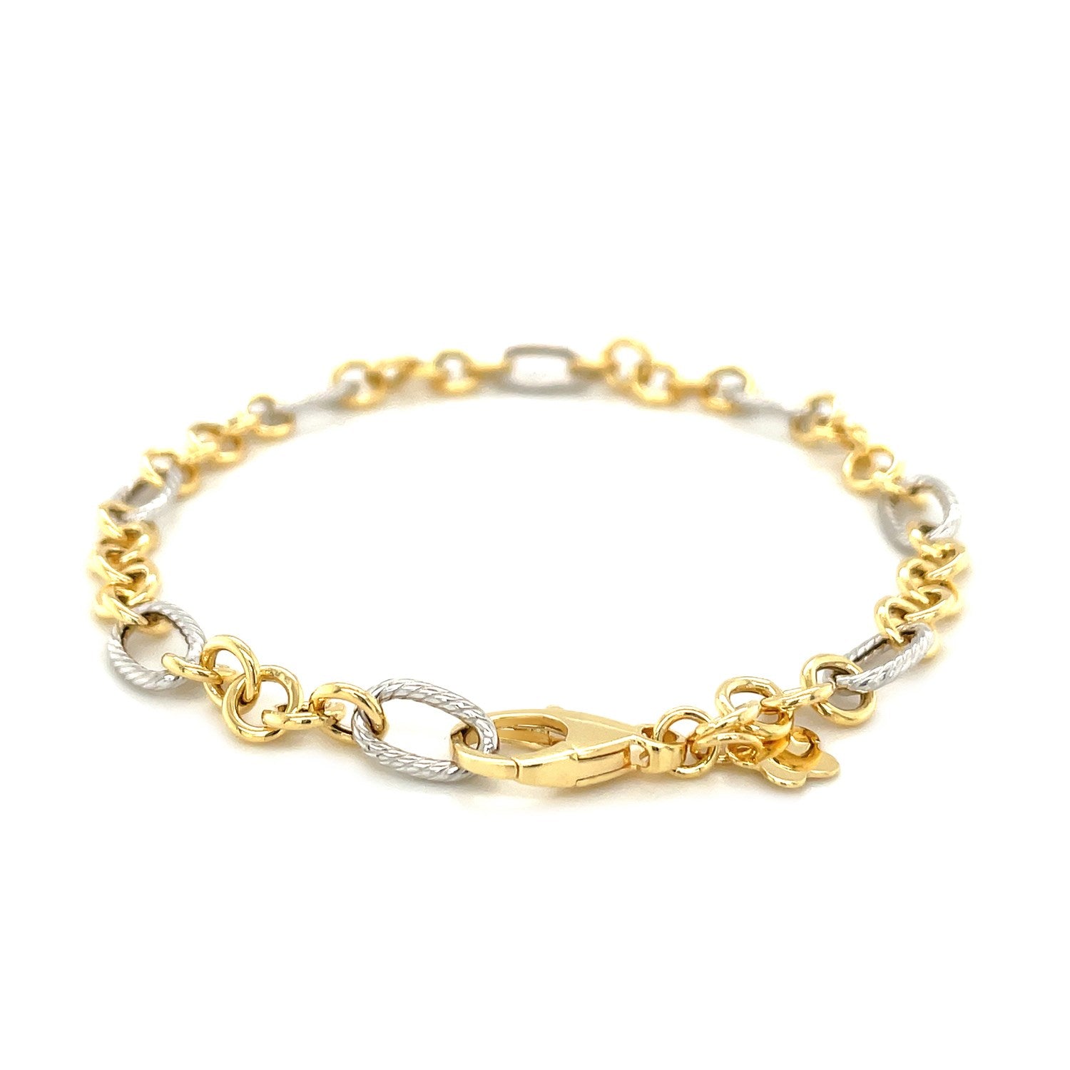 14k two-tone gold bracelet with alternating smooth round and textured oval links.