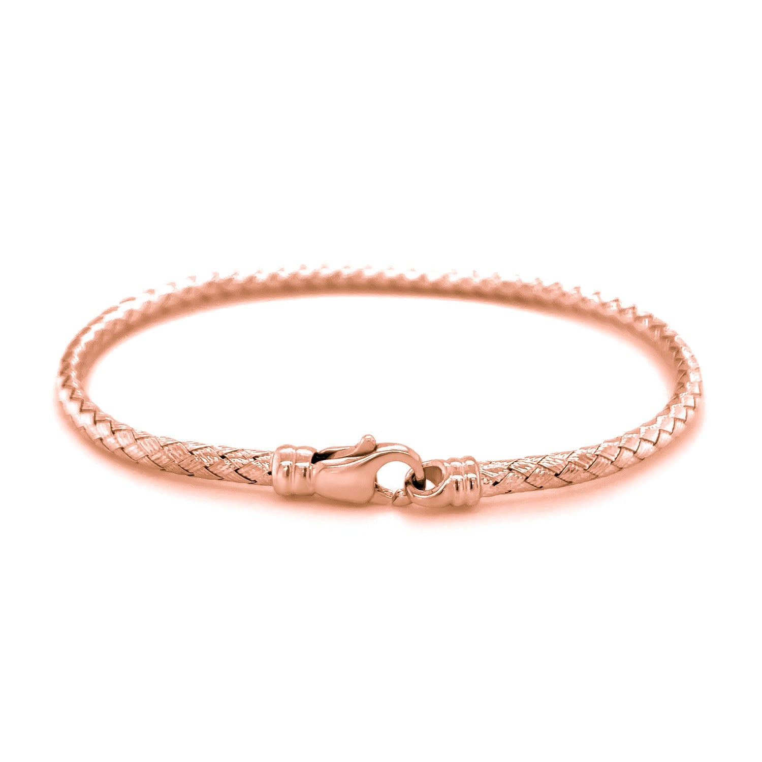 14k rose gold fancy weave motif bangle with a lobster clasp.