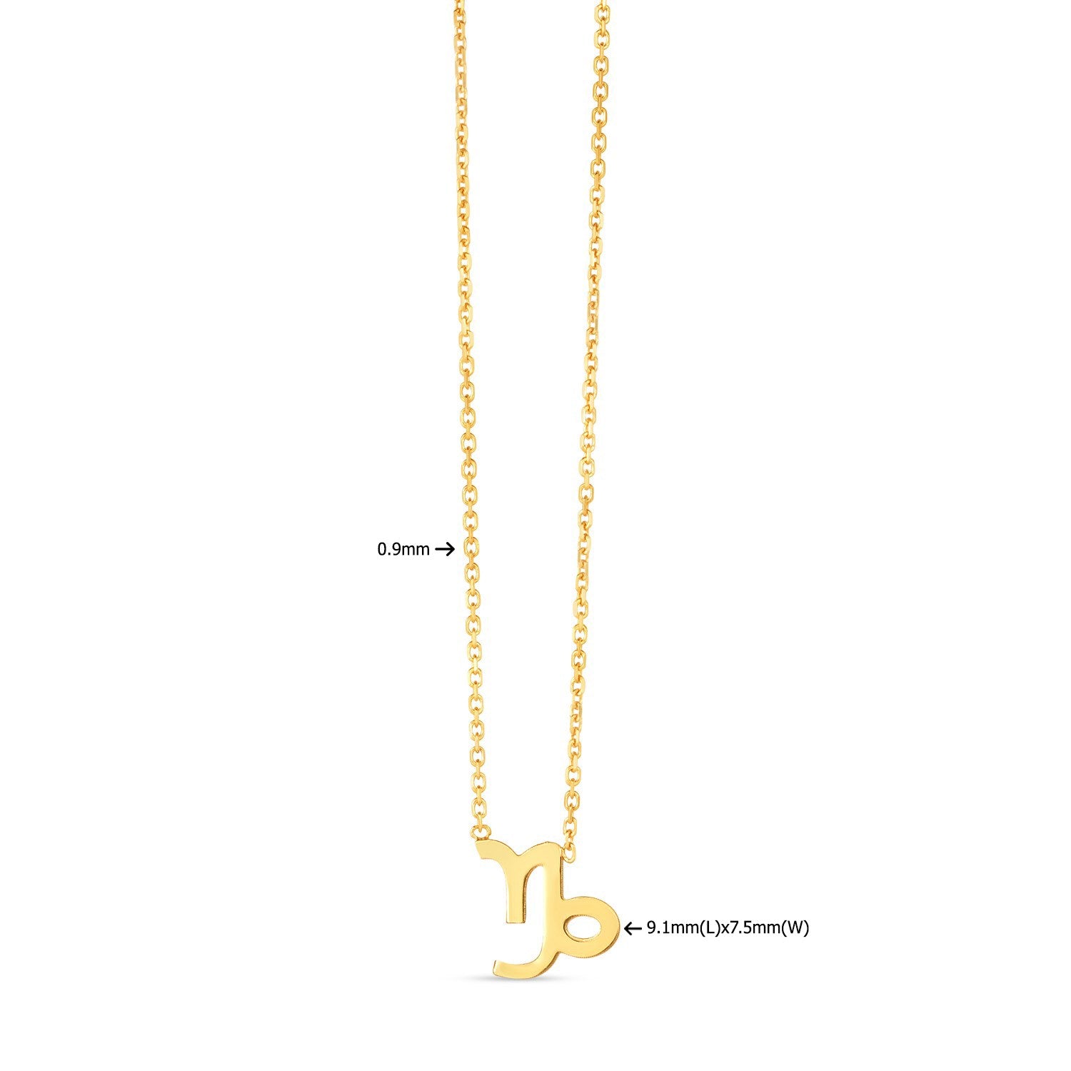 14K yellow gold Capricorn necklace with a 0.9mm chain and 9.1mm x 7.5mm pendant.