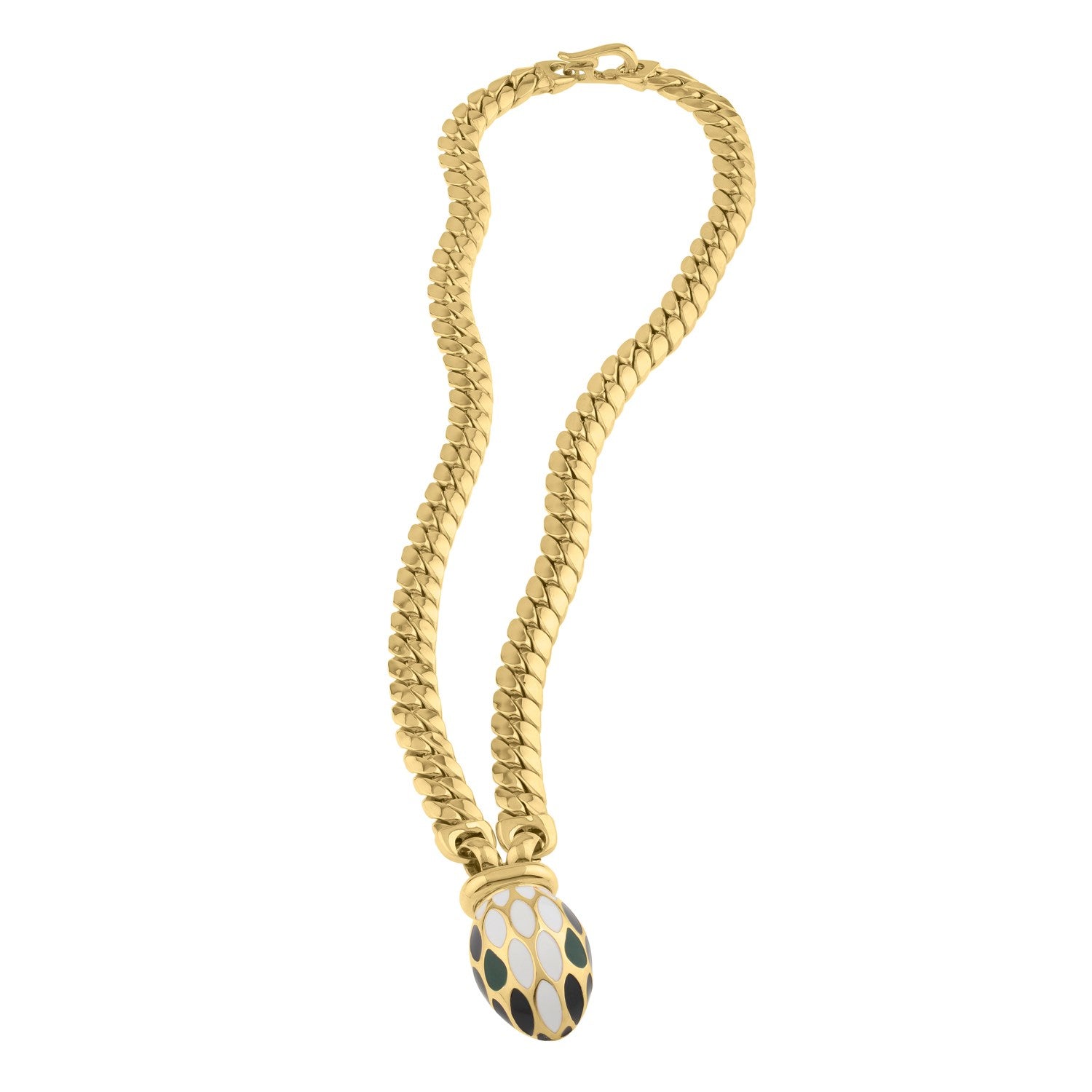 14K yellow gold curb link necklace with a green and black enamel serpent drop.