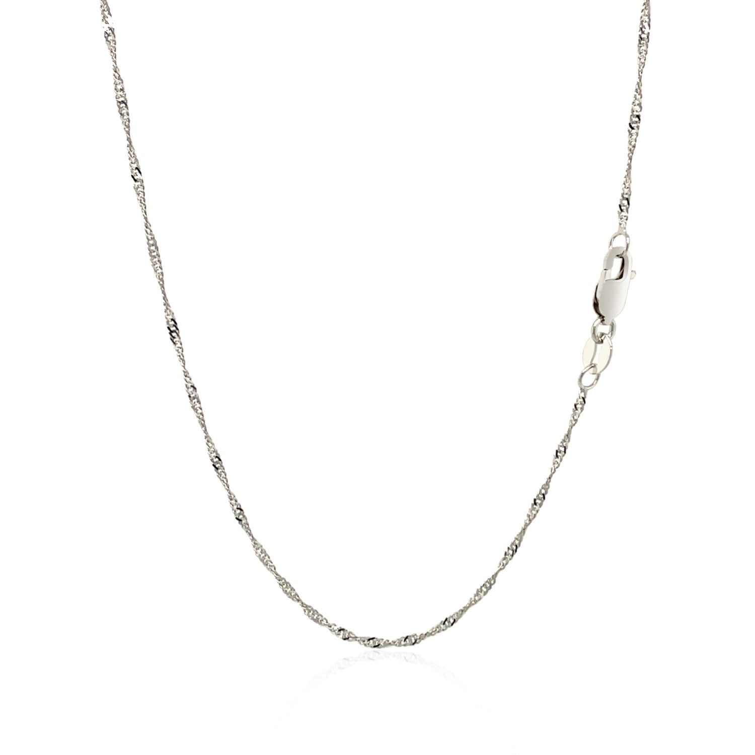 A 14k white gold Singapore chain with a lobster clasp.