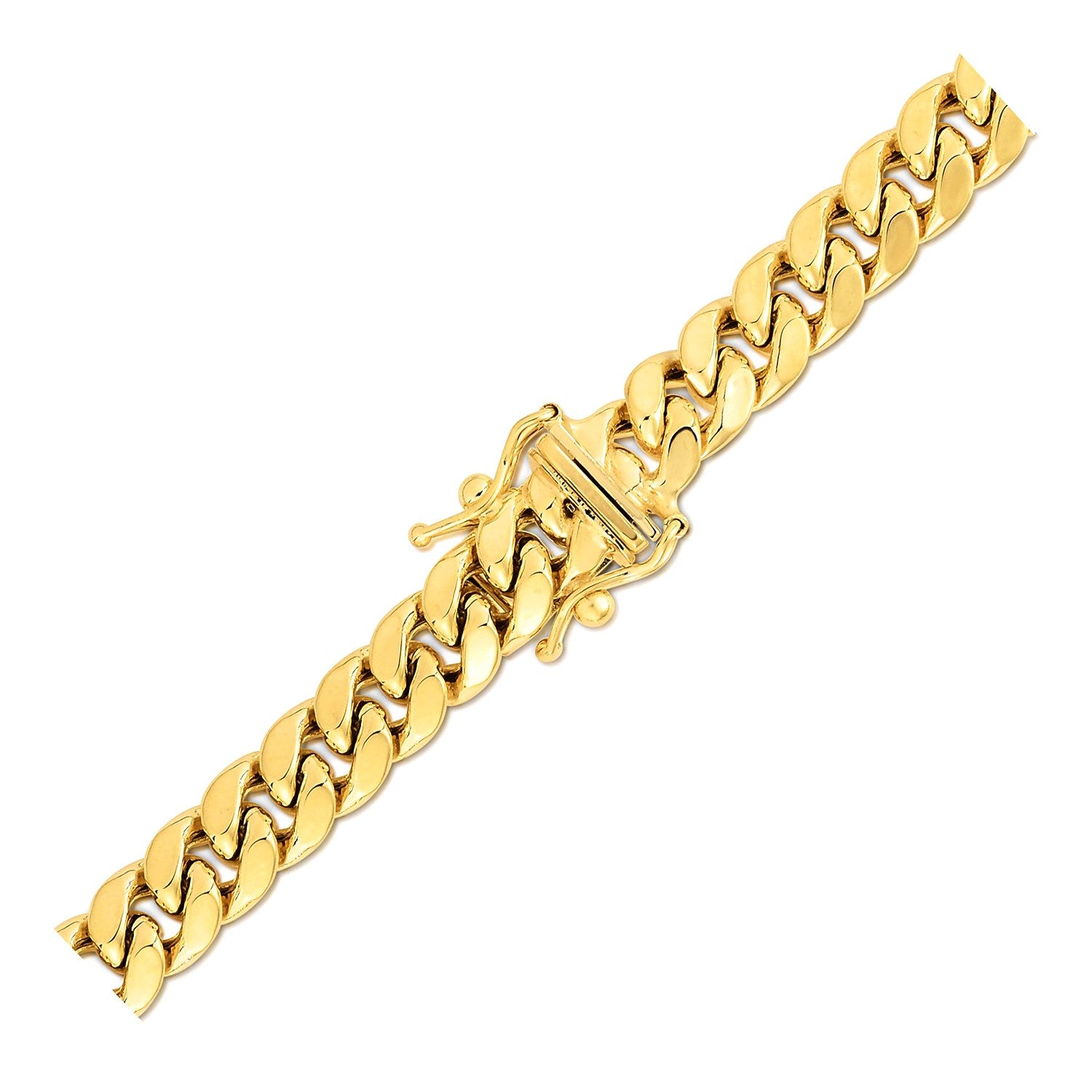 14k yellow gold semi-solid Miami Cuban chain with a box clasp.