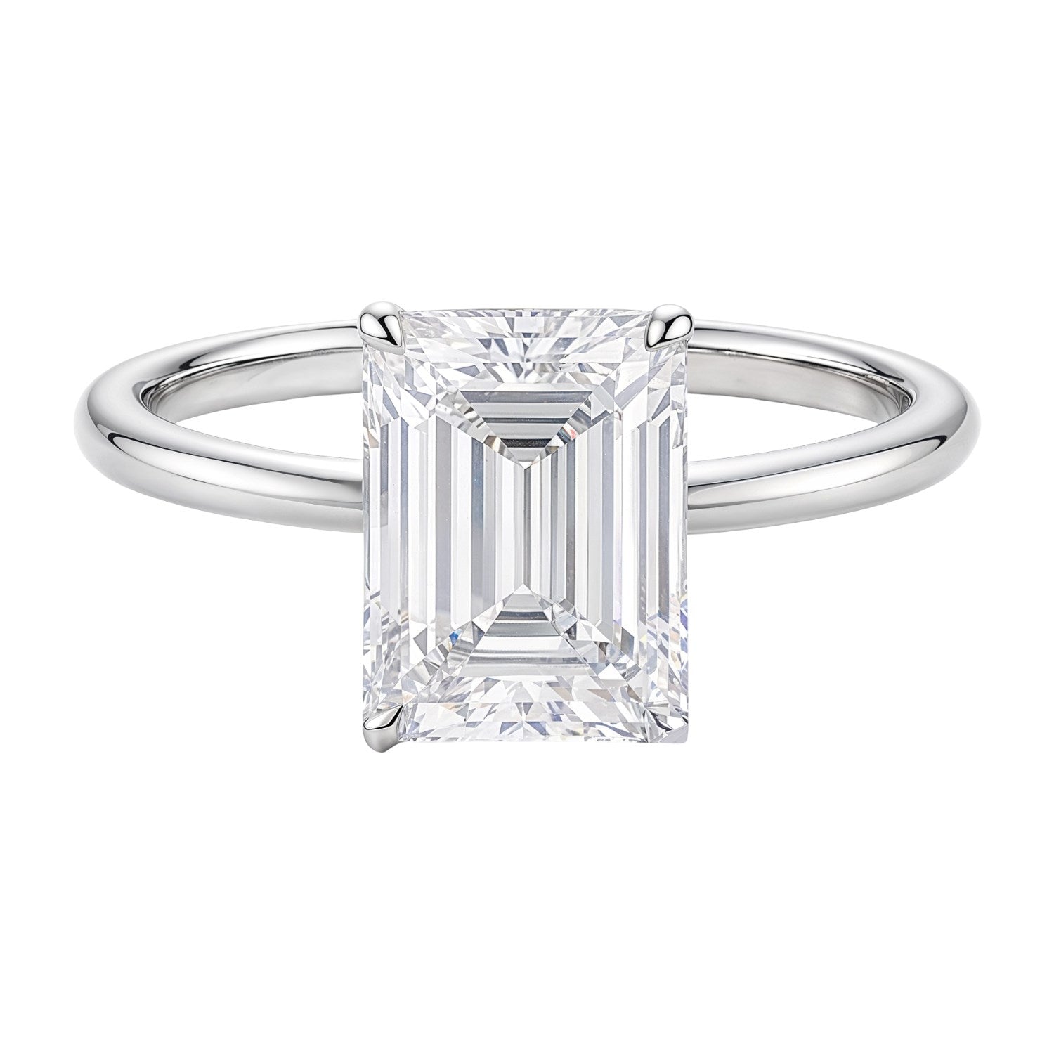 Emerald-cut lab-grown diamond solitaire ring in 14K white gold.